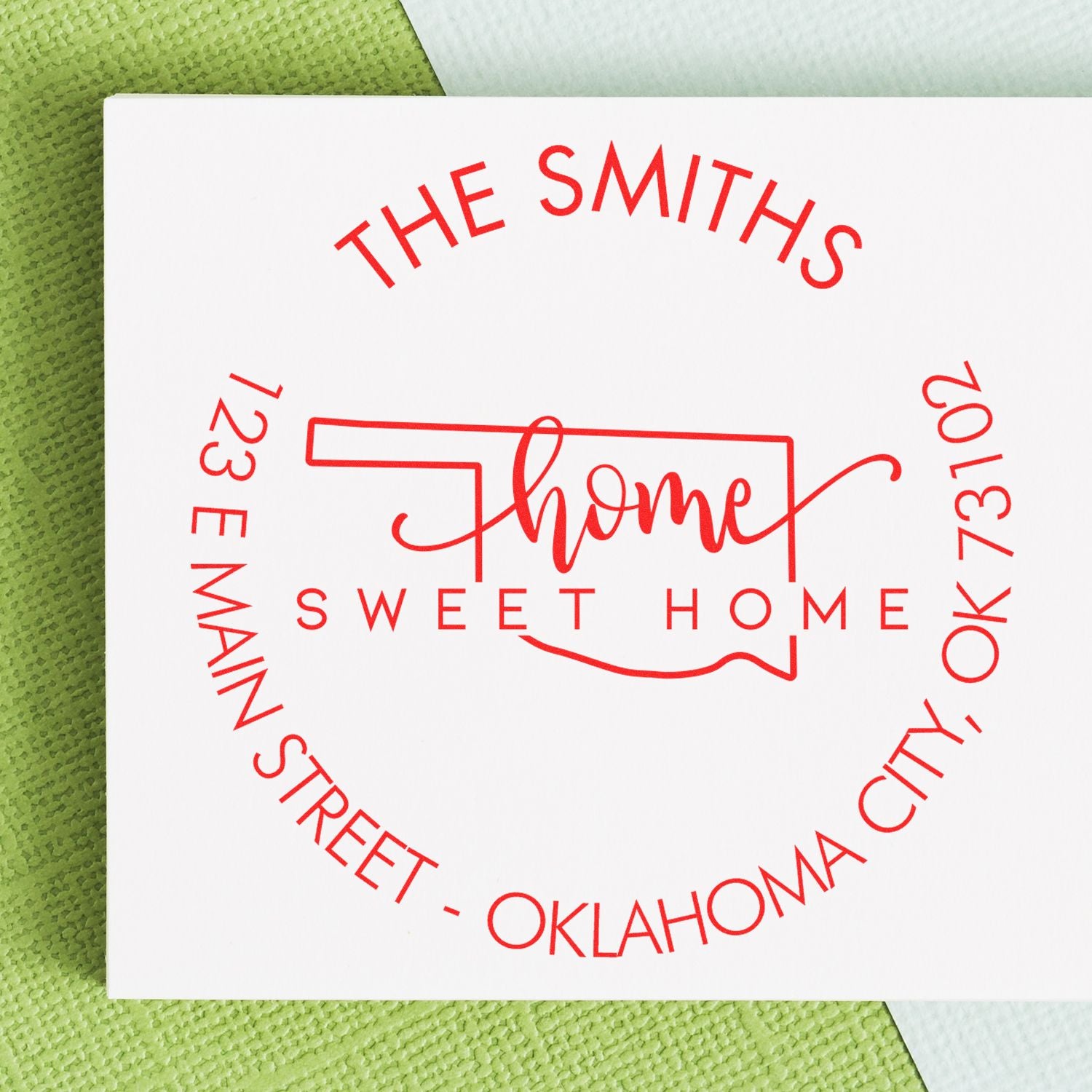 Wooden Handle Round Home Sweet Home for Oklahoma Customizable Return Address Rubber Stamp