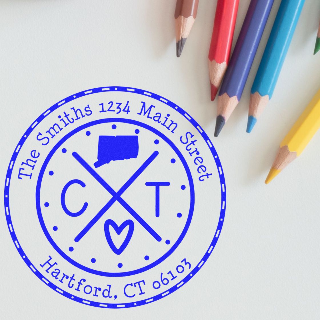 Wooden Handle Round Connecticut State Cross Customized Mailing Address Rubber Stamp