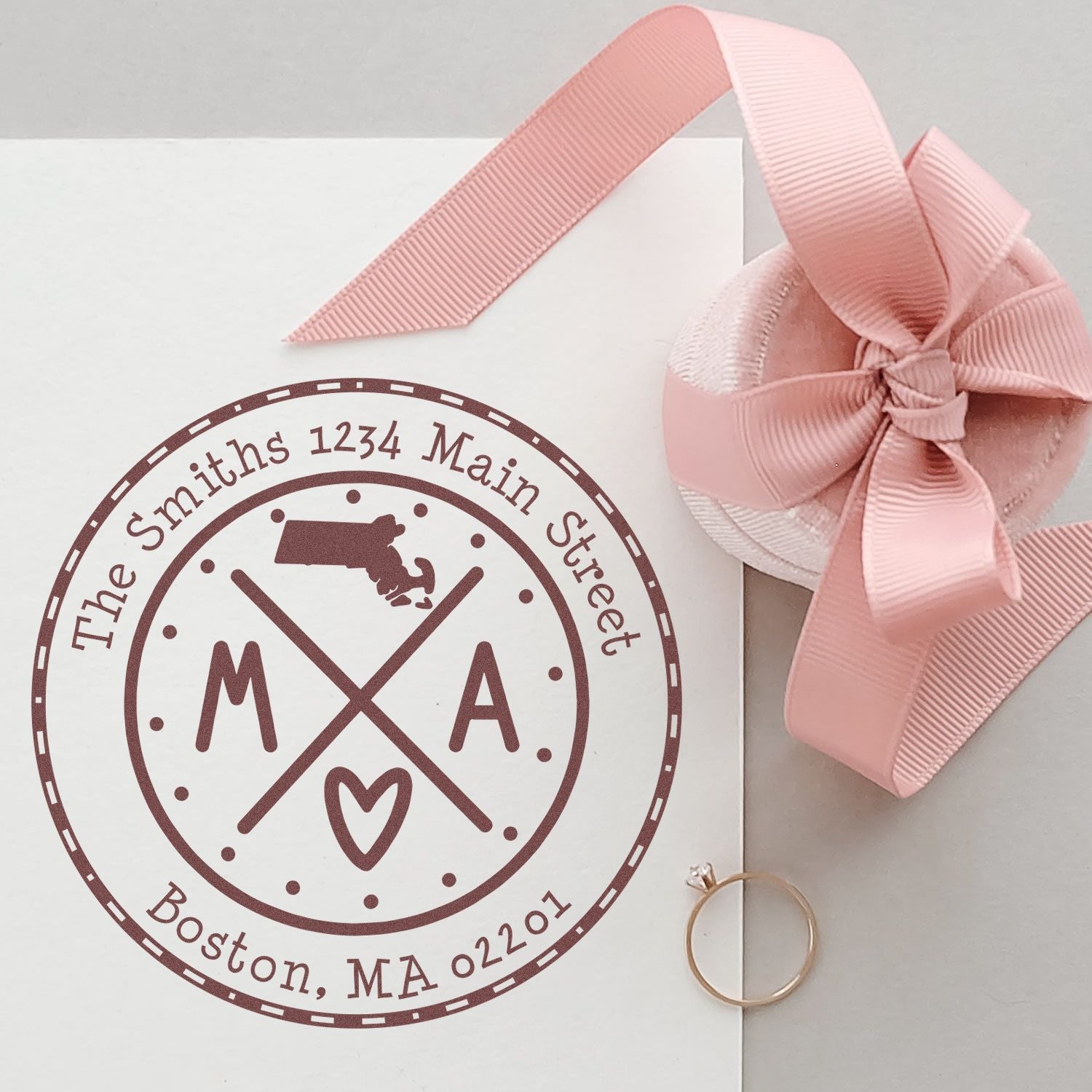 Wooden Handle Round Massachusetts State Cross Customized New Home Address Rubber Stamp