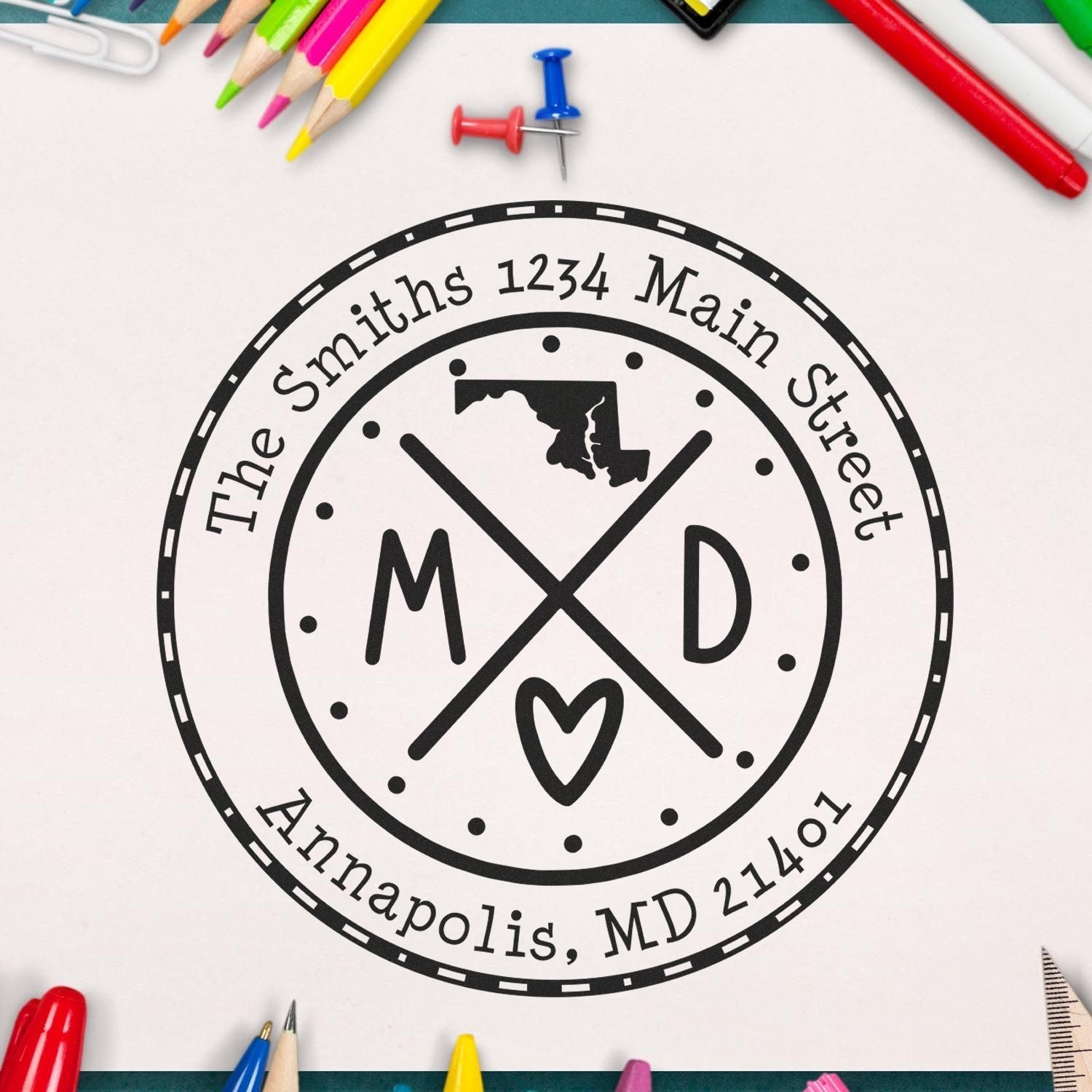 Wooden Handle Round Maryland State Cross Customized New Home Address Stamp