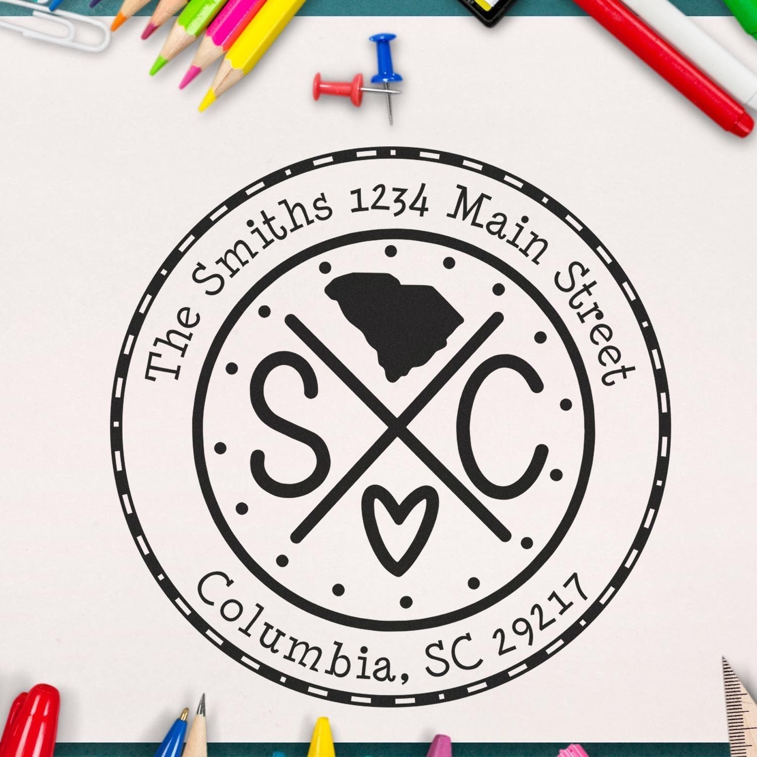 Wooden Handle Round South Carolina State Cross Custom-Made Mail Address Rubber Stamp