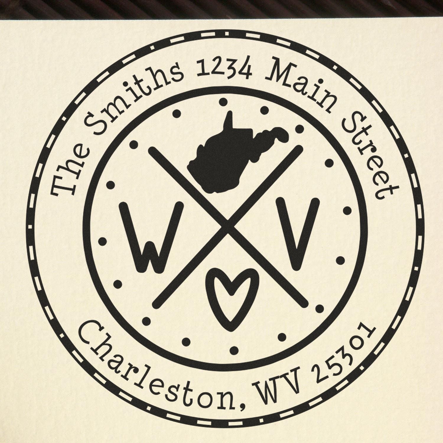 Wooden Handle Round West Virginia State Cross Custom-Made Mailing Address Rubber Stamp