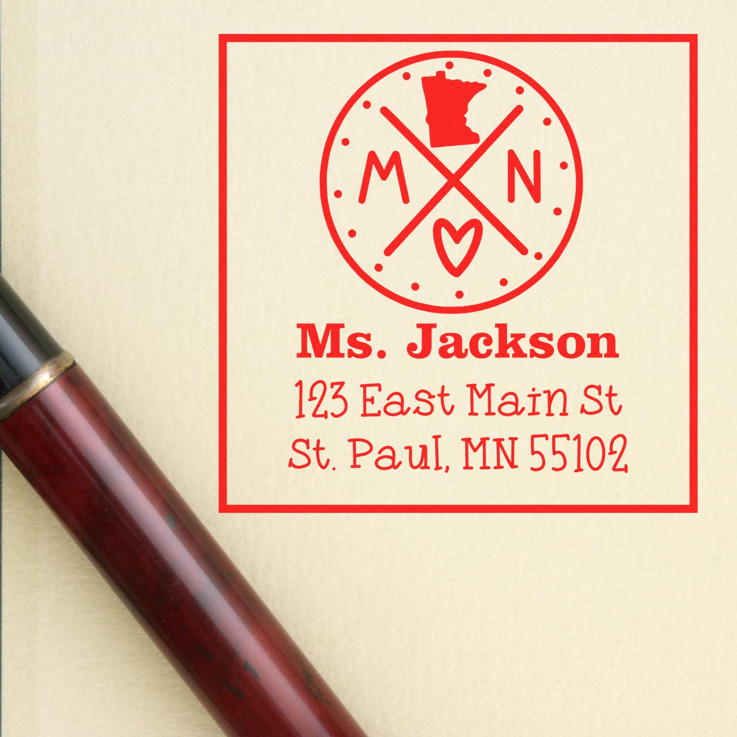 Wood Handle Minnesota State Cross Customizable Name and Address Stamper