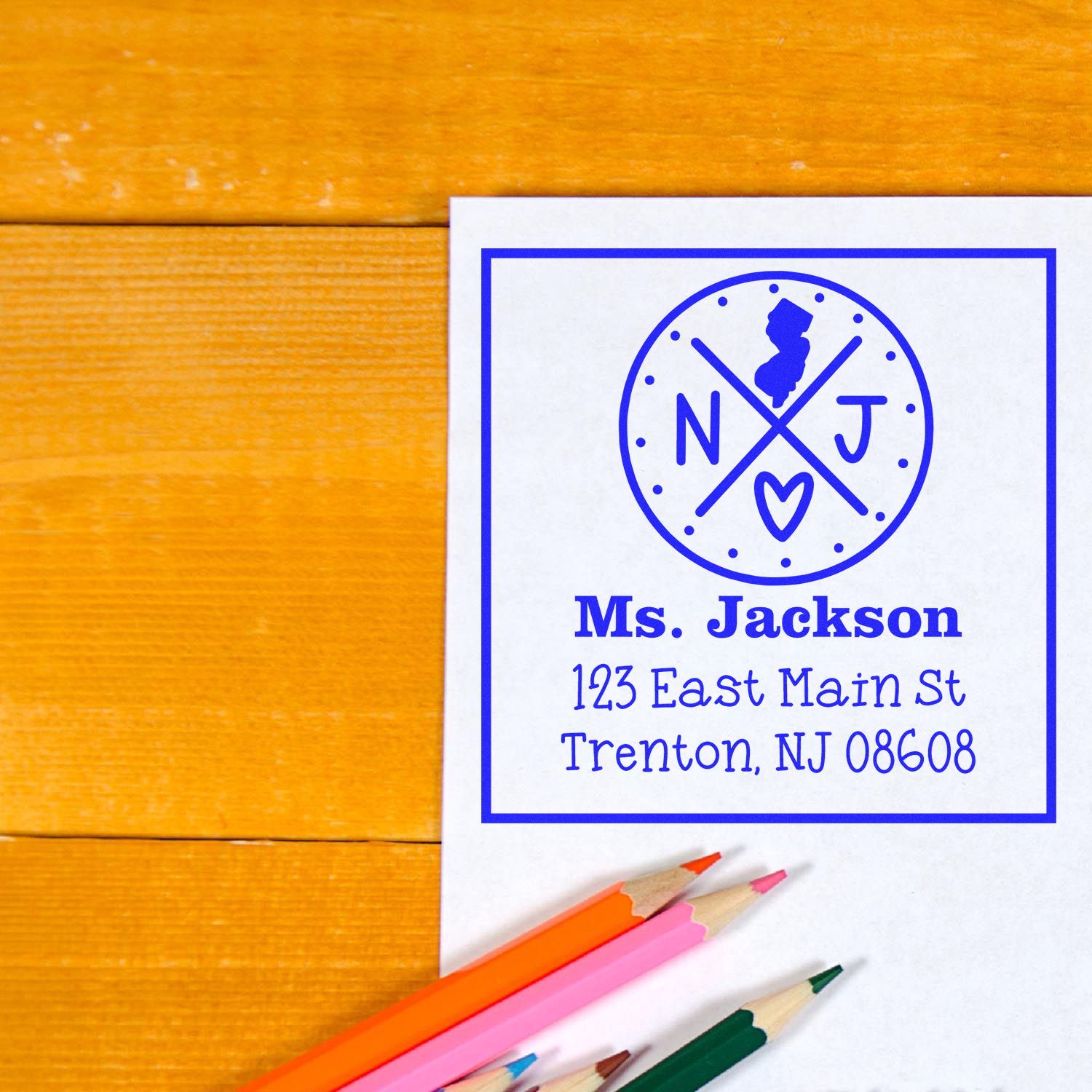 Wood Handle New Jersey State Cross Customizable Mail Rubber Stamp