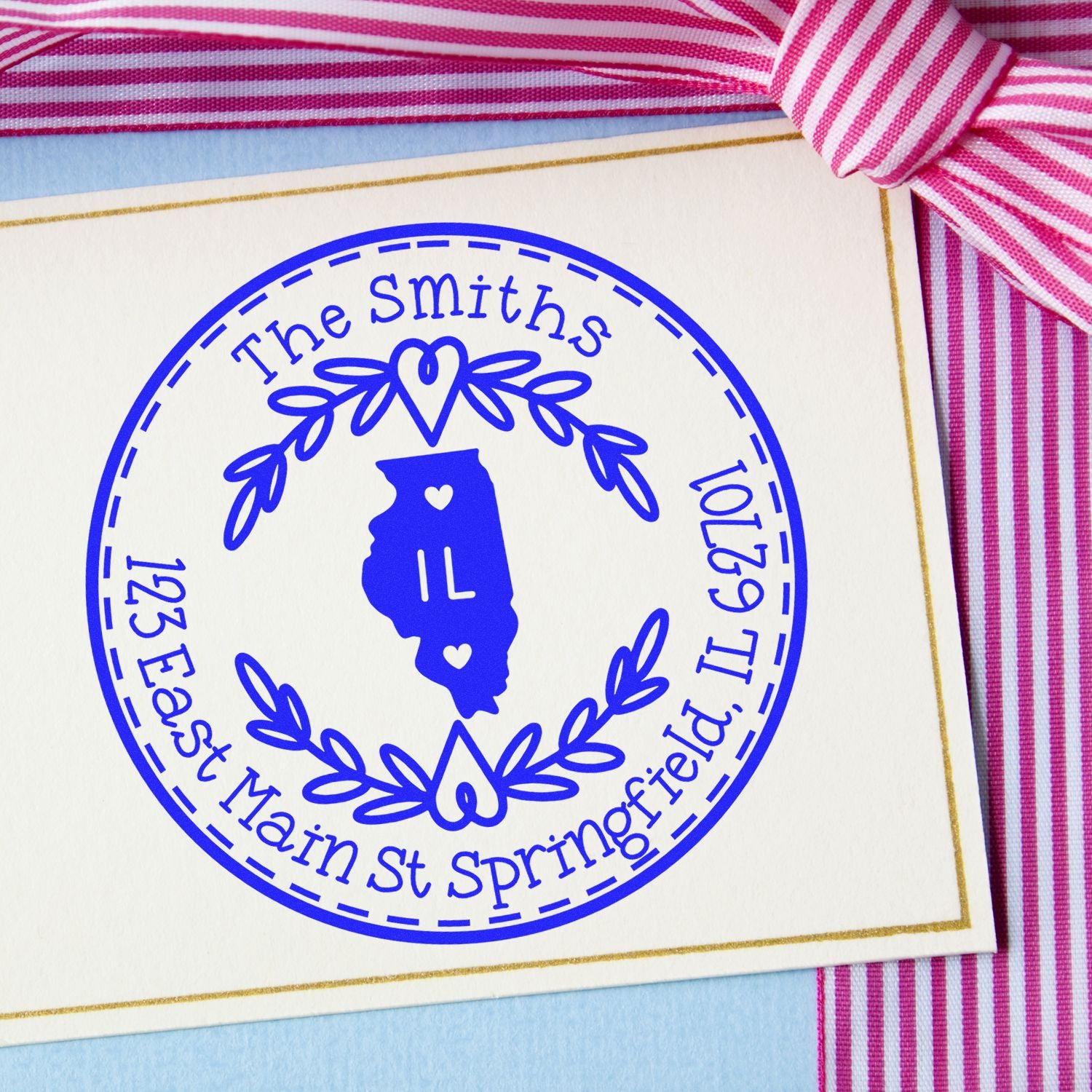 Slim Illinois State Wreath Customizable Mailing Pre-Inked Stamp