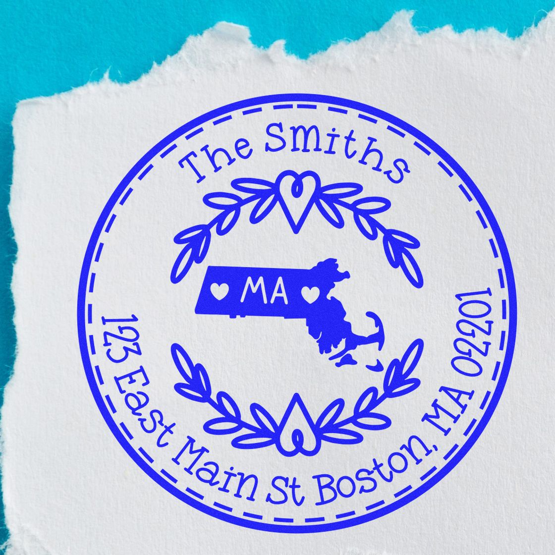 Slim Massachusetts State Wreath Customizable New Address Pre-Inked Stamp