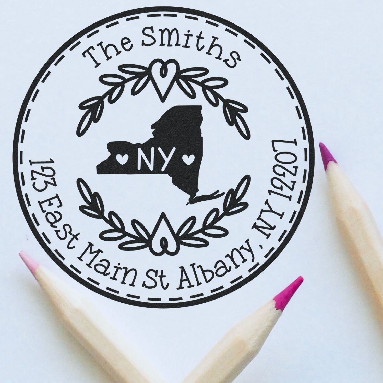 Self-Inking Round New York State Wreath Custom-Made Name and Address Rubber Stamp