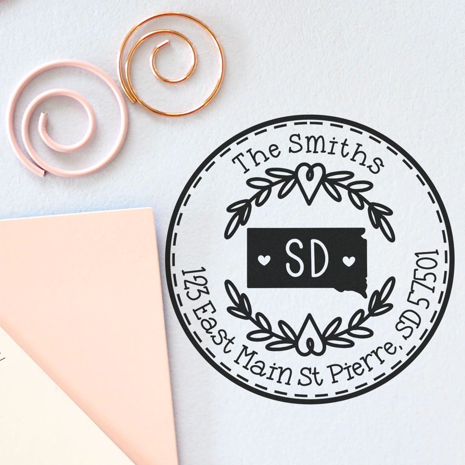 Self-Inking Round South Dakota State Wreath Custom-Made Return Address Rubber Stamp