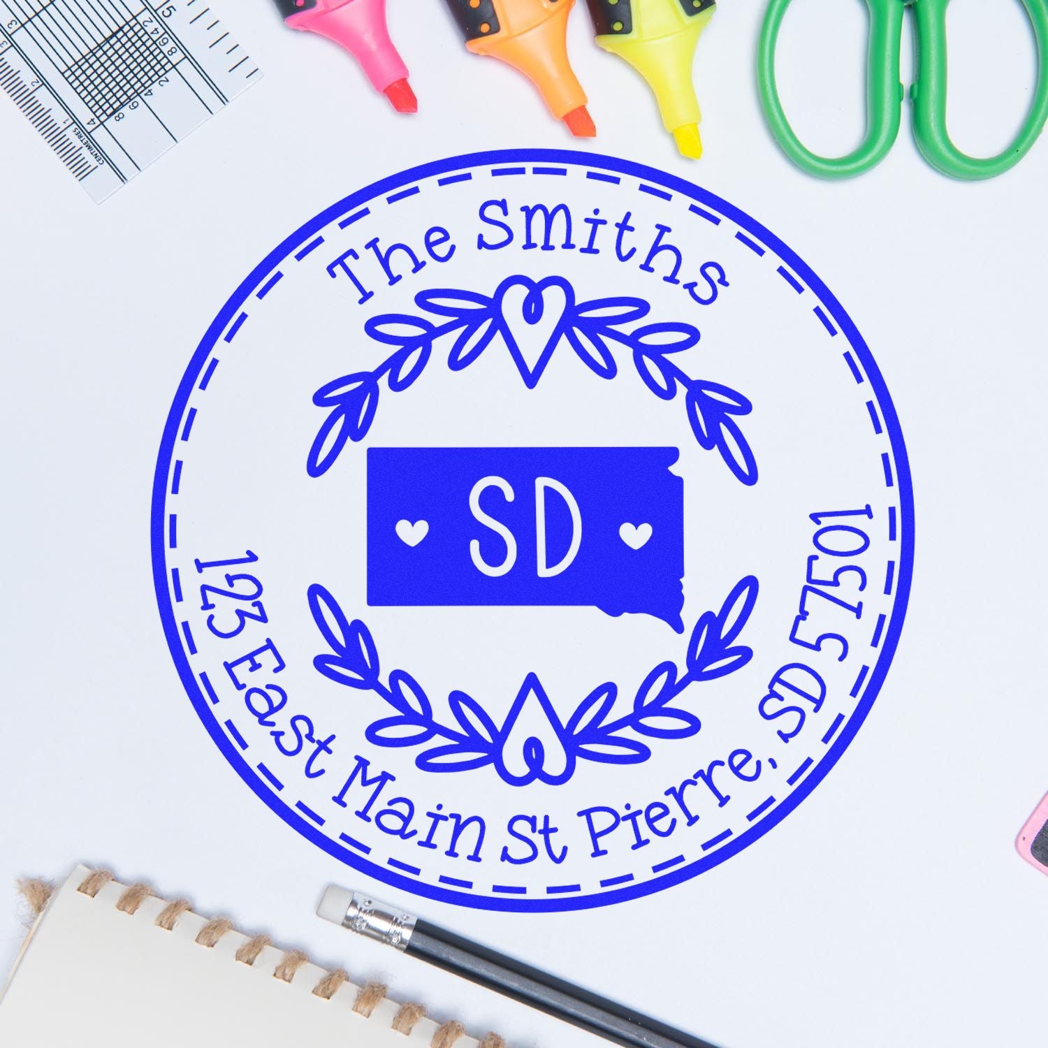 Self-Inking Round South Dakota State Wreath Custom-Made Return Address Rubber Stamp