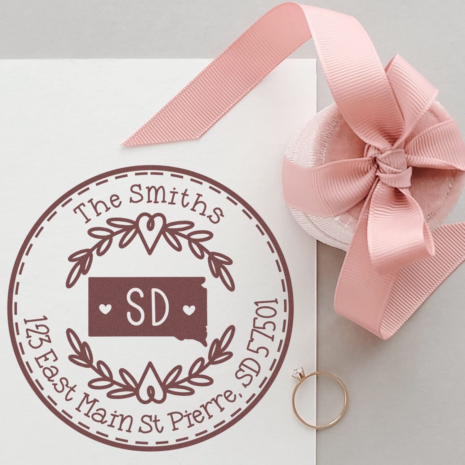 Wooden Handle Round South Dakota State Wreath Personalized Address Label Stamp