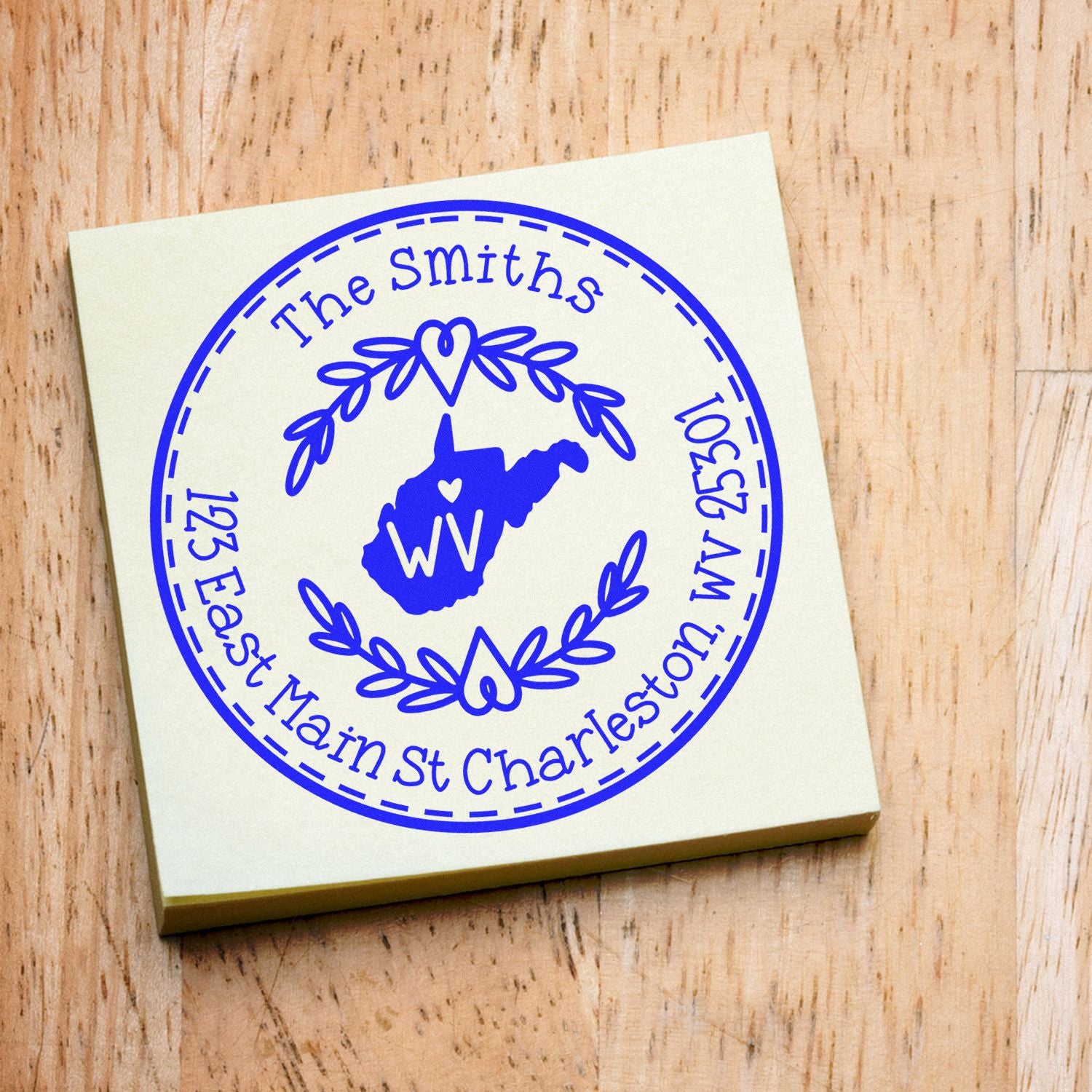 Wooden Handle Round West Virginia State Wreath Personalized Address Rubber Stamp