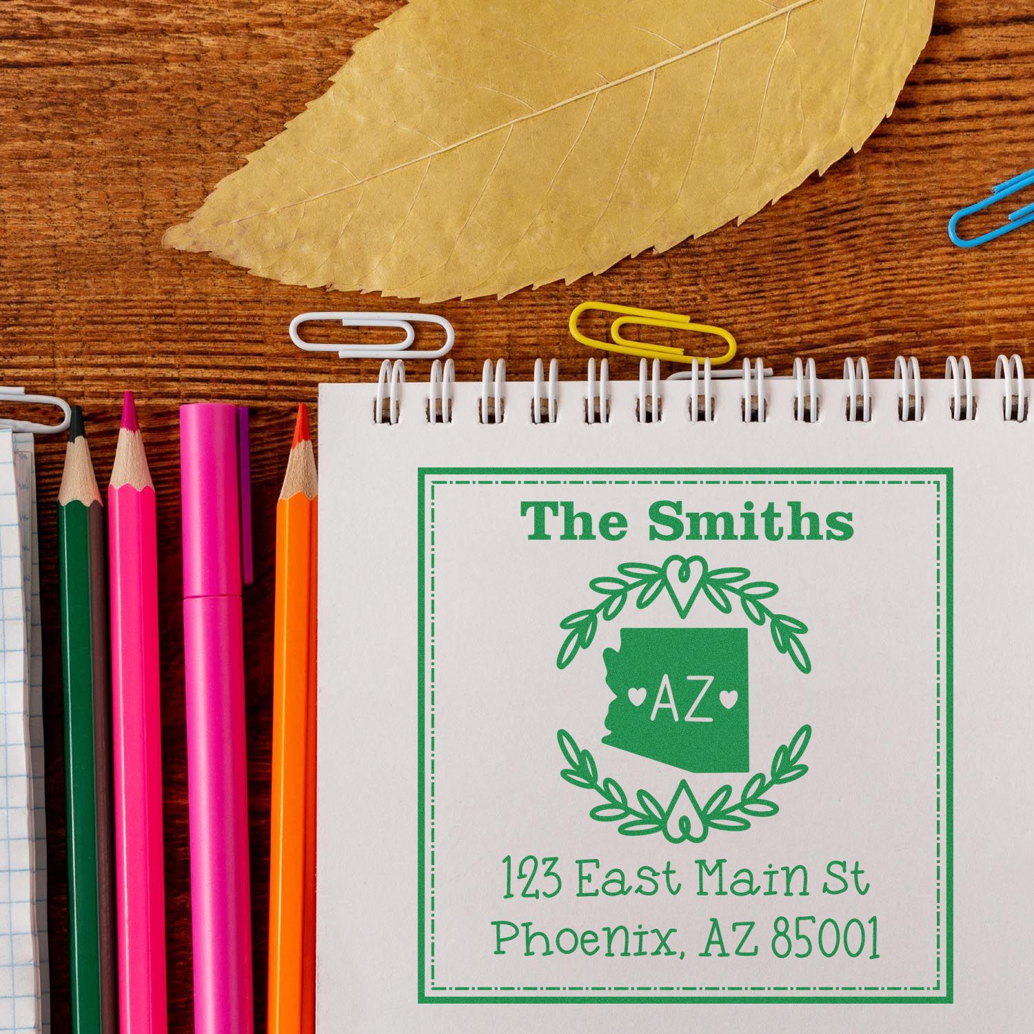 Self-Inking Arizona State Wreath Custom-Made Name and Address Stamper