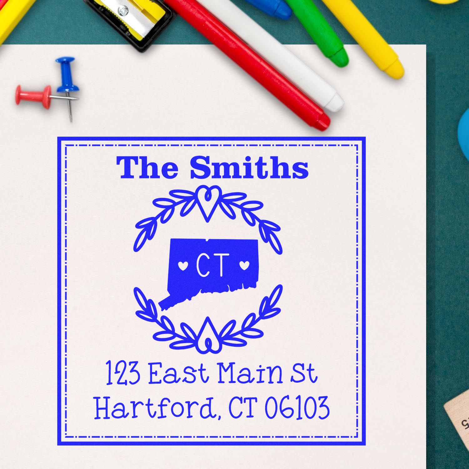 PSI Pre-Inked Connecticut State Wreath Custom-Made New Home Address Stamper