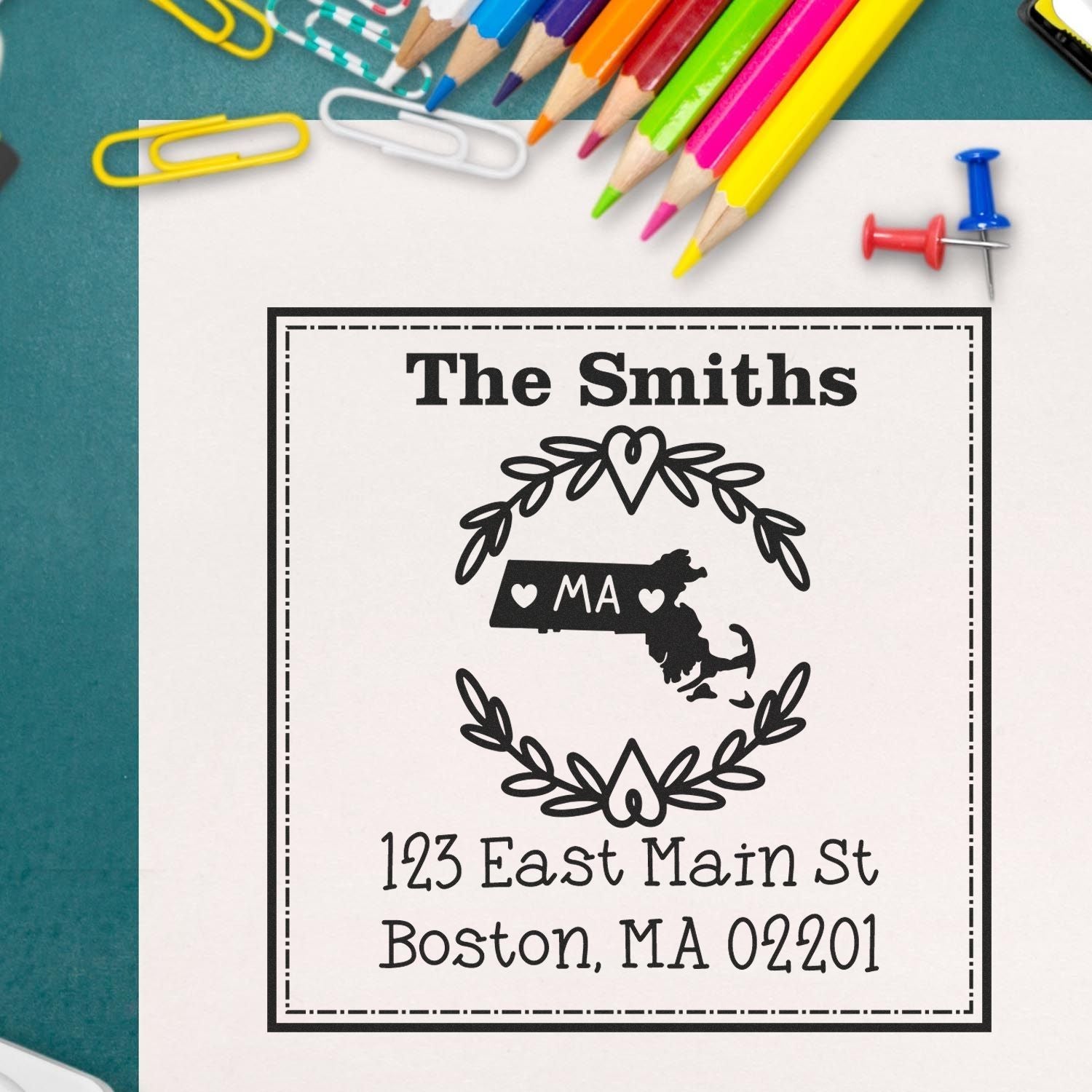 Slim Massachusetts State Wreath Personalized Address Pre-Inked Stamp