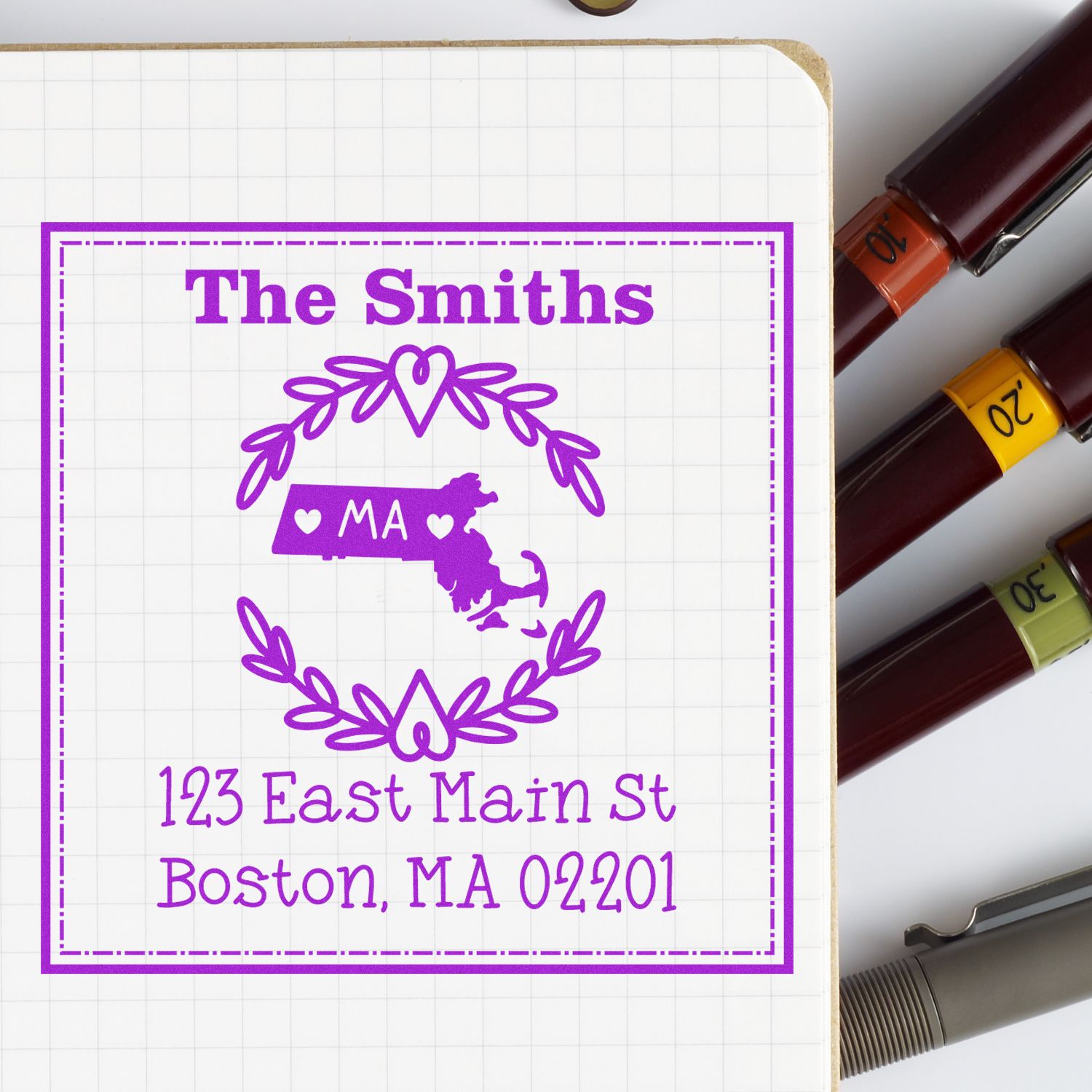 Wood Handle Massachusetts State Wreath Custom-Made Home Address Rubber Stamp