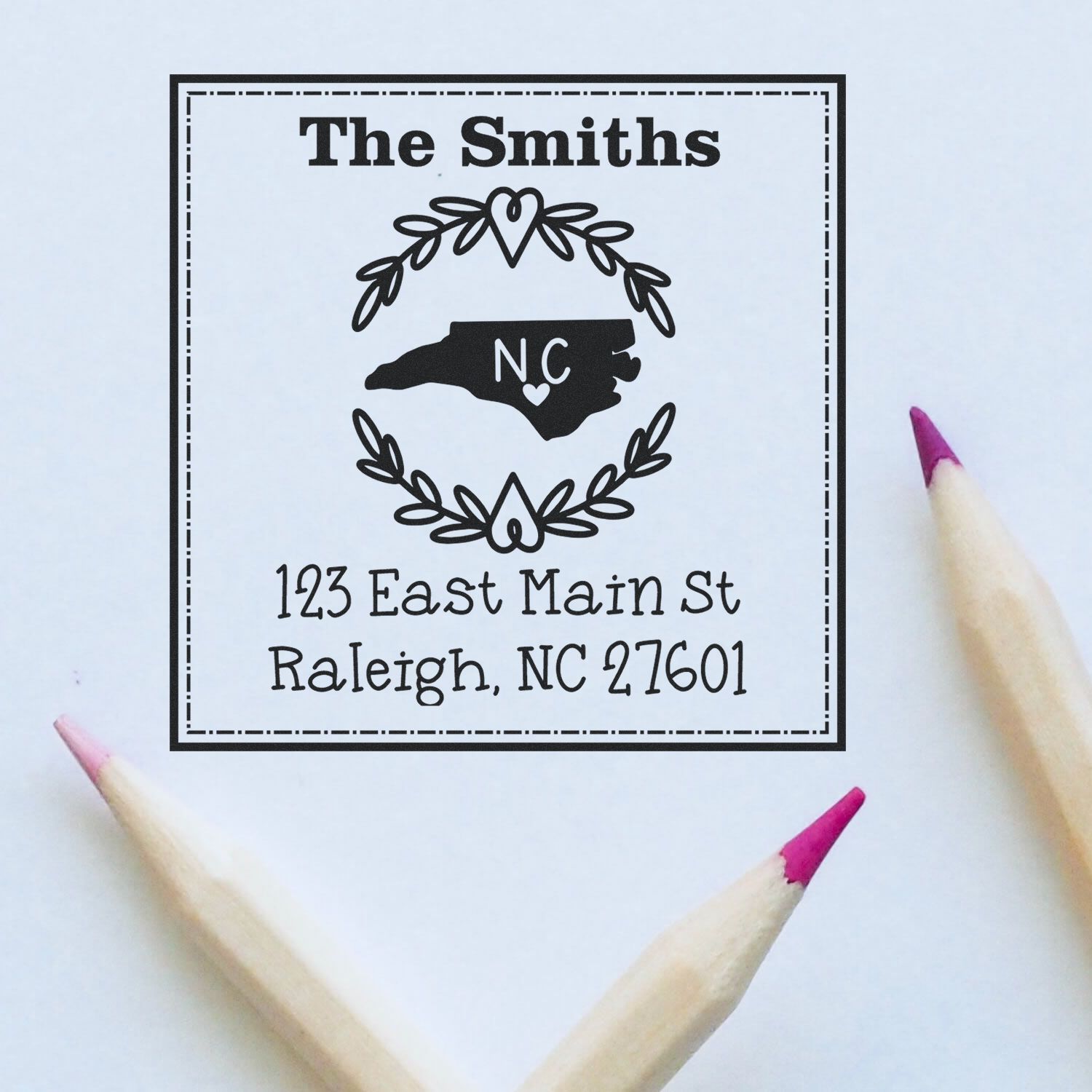 Wood Handle North Carolina State Wreath Custom-Made Mail Address Rubber Stamp