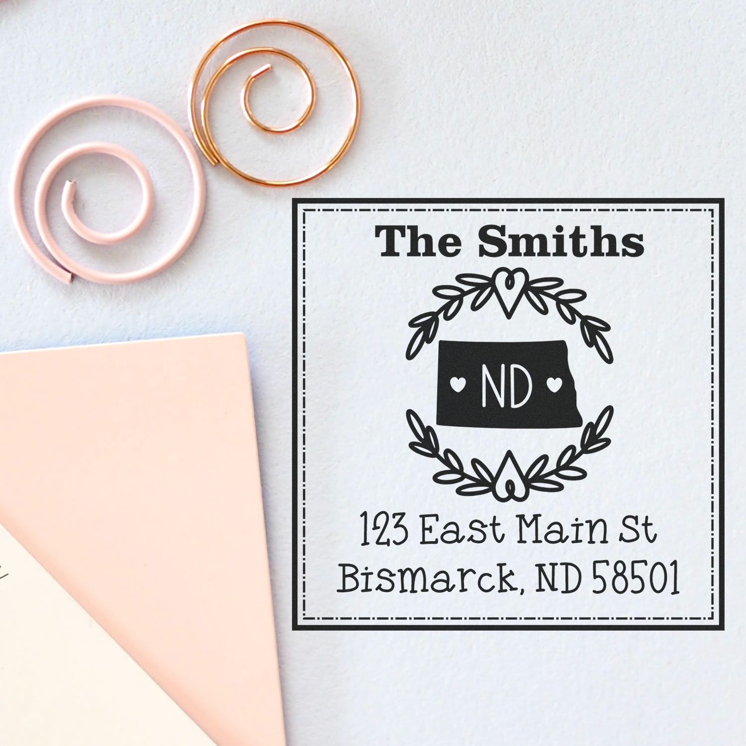 Slim North Dakota State Wreath Personalized Home Address Stamp