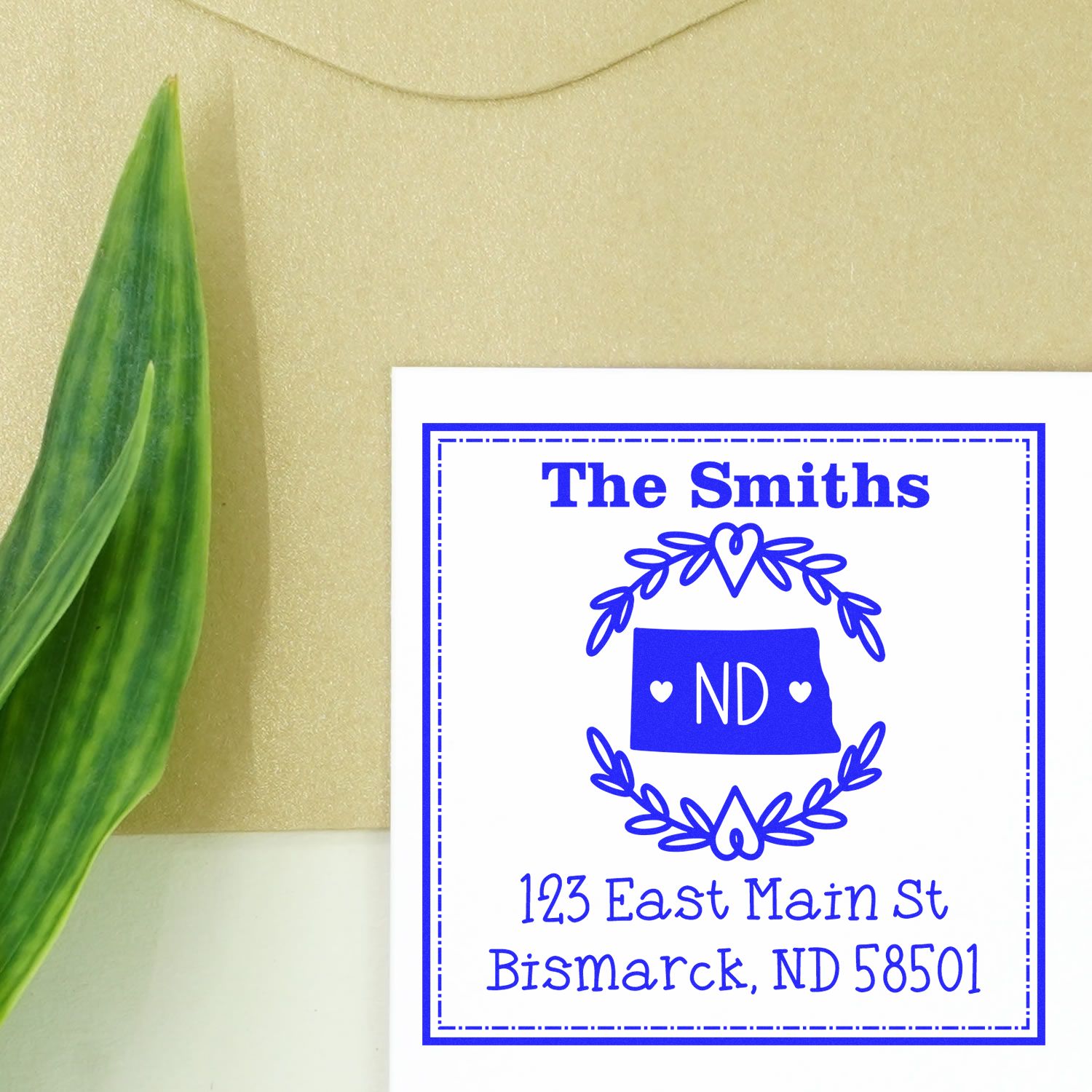 Slim North Dakota State Wreath Personalized Home Address Stamp