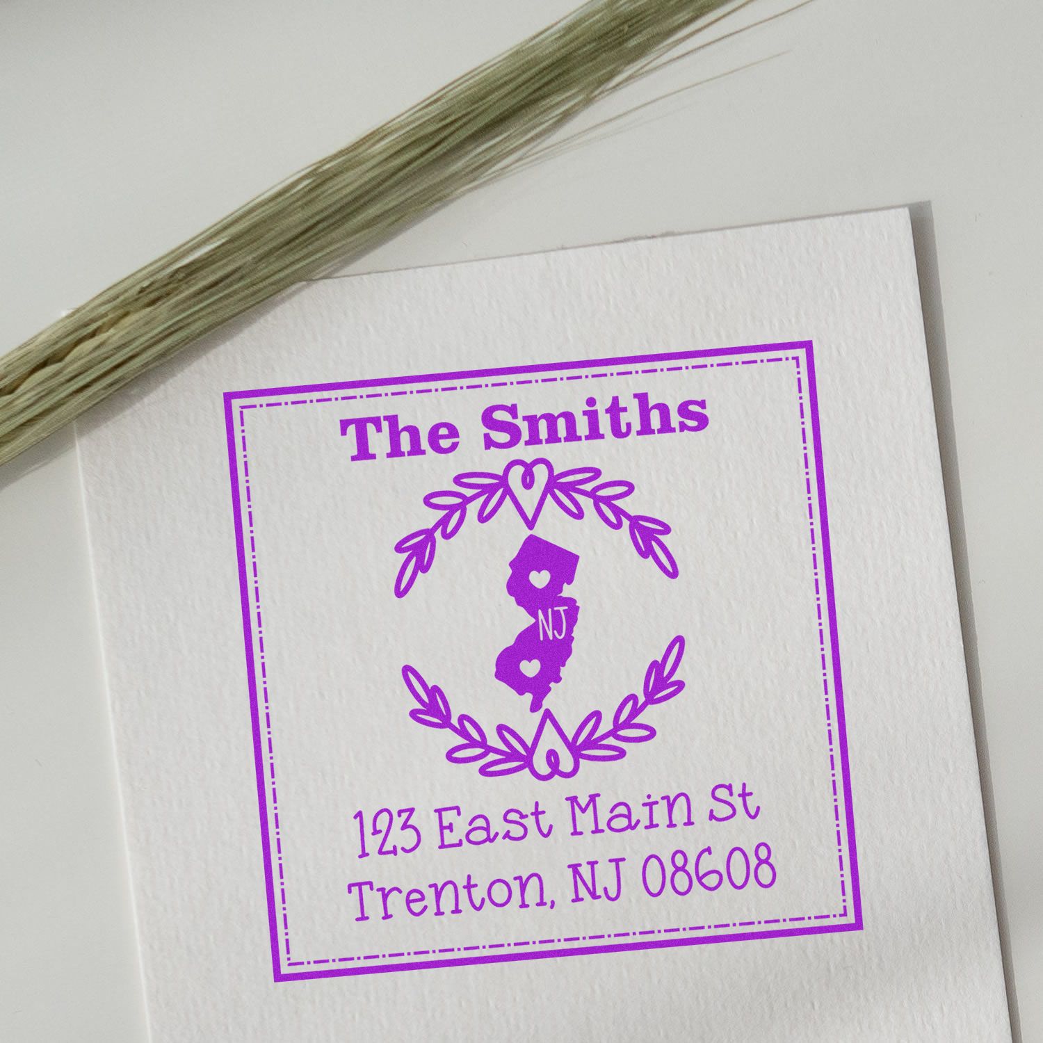 Wood Handle New Jersey State Wreath Custom-Made Mailing Address Rubber Stamp