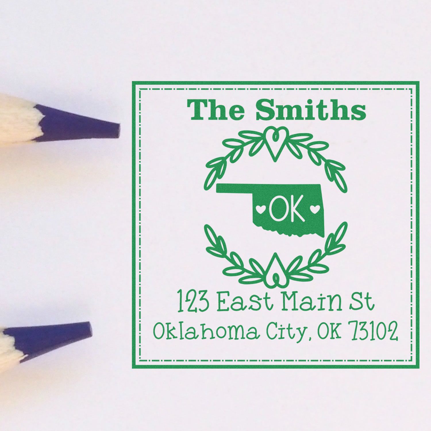 Wood Handle Oklahoma State Wreath Custom-Made New Address Rubber Stamp