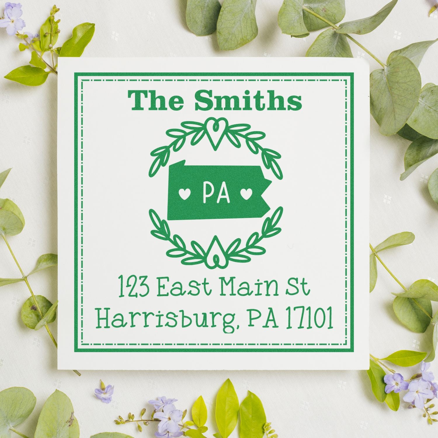 Slim Pennsylvania State Wreath Personalized New Home Address Stamper