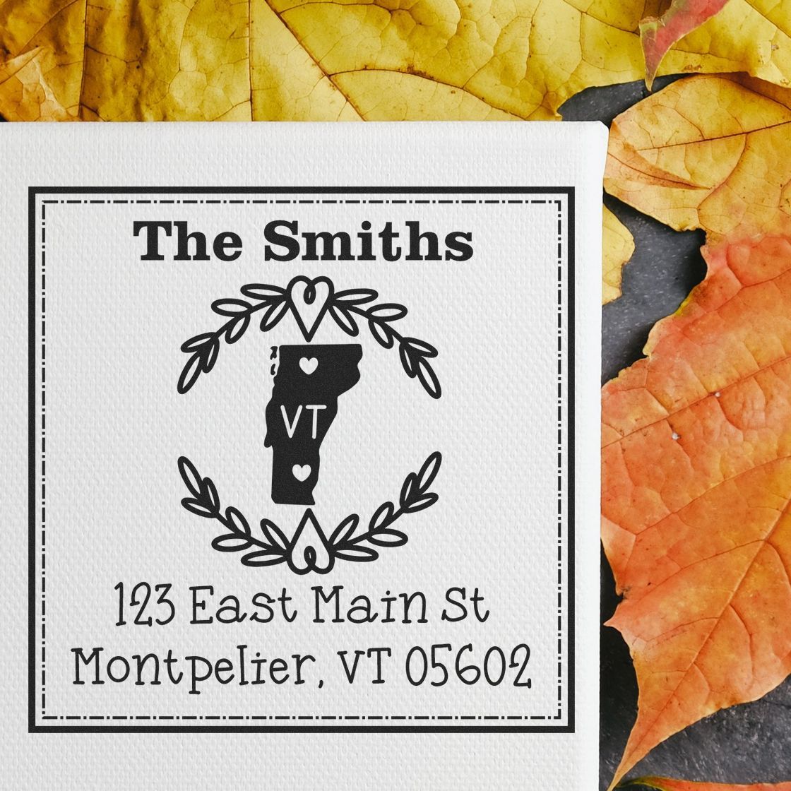 Slim Vermont State Wreath Personalized Mailing Address Pre-Inked Stamp