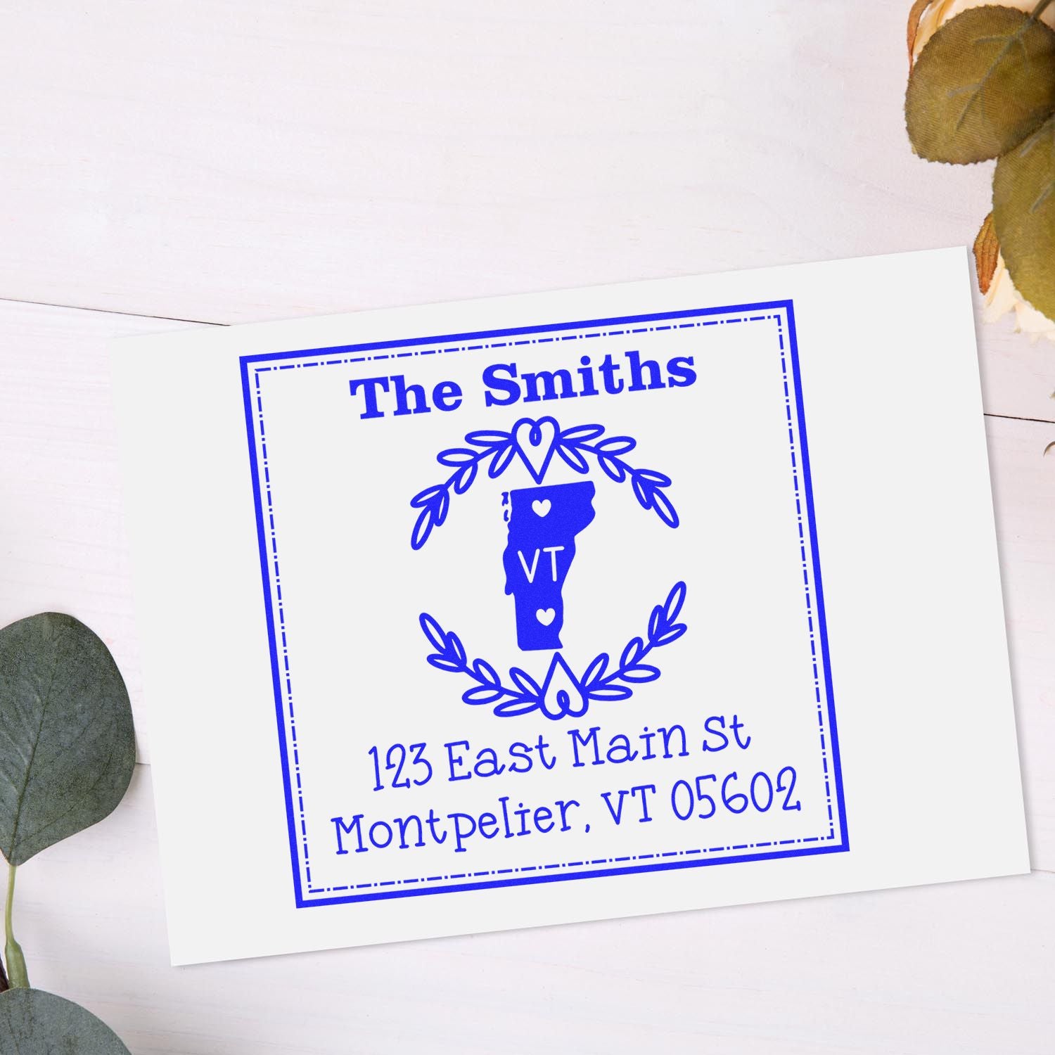 Wood Handle Vermont State Wreath Personalized Address Rubber Stamp