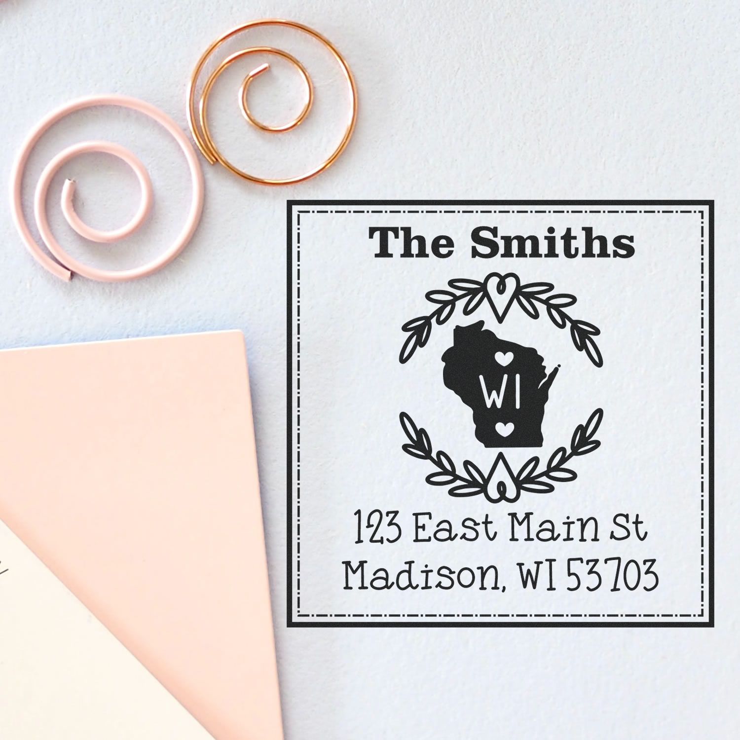 Slim Wisconsin State Wreath Personalized New Address Stamp