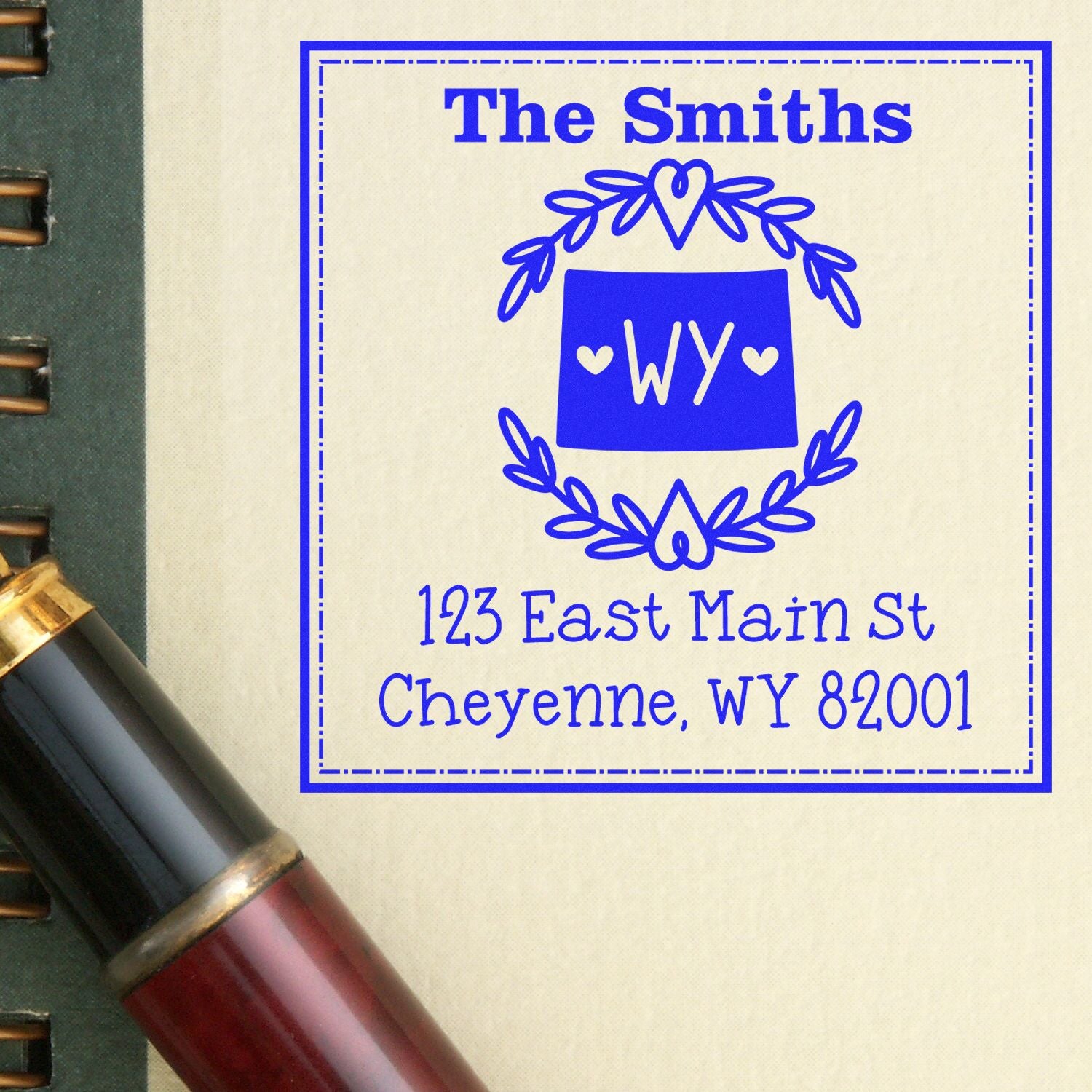 Wood Handle Wyoming State Wreath Personalized Name and Address Stamper