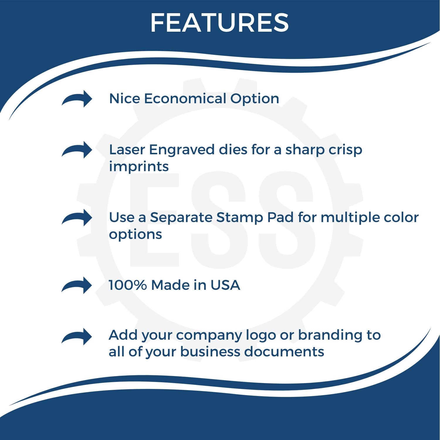 Image showing features of the Custom Rubber Stamp Size 3 x 10, including economical option, laser engraved dies, separate stamp pad, and 100% made in USA.