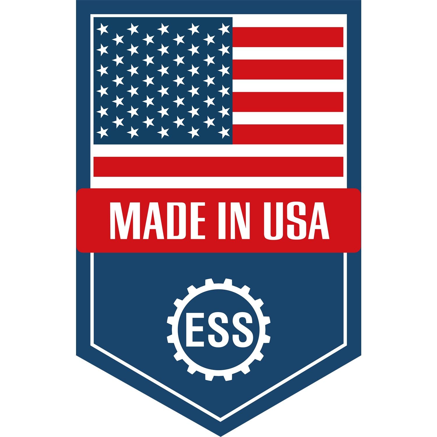 Image of the Slim Pre-Inked Wet Stamp featuring a Made in USA badge with an American flag and ESS logo, highlighting its quality and origin.