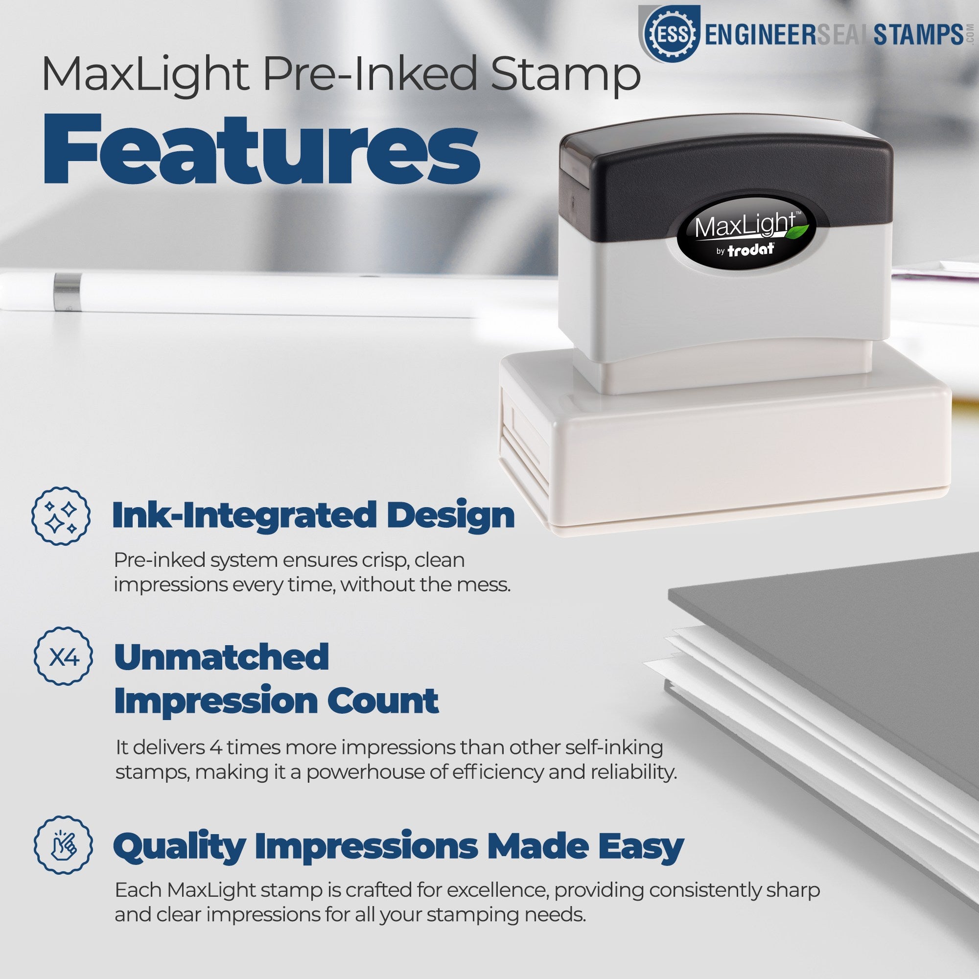 Maxlight Premium Weight Label Stamp with ink-integrated design, shown on a desk. Features include unmatched impression count and quality impressions for stamping needs.