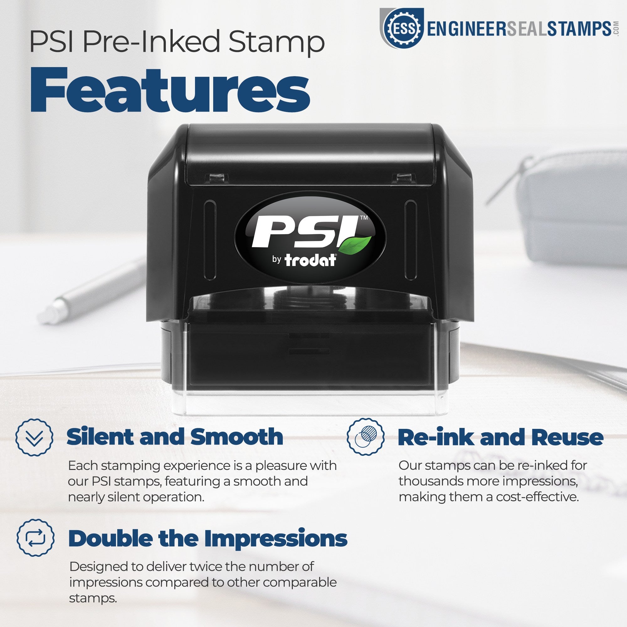 PSI Pre-Inked Illinois State Customized Address Stamp on a desk, highlighting features like silent operation, re-inking capability, and double impressions for cost-effectiveness.