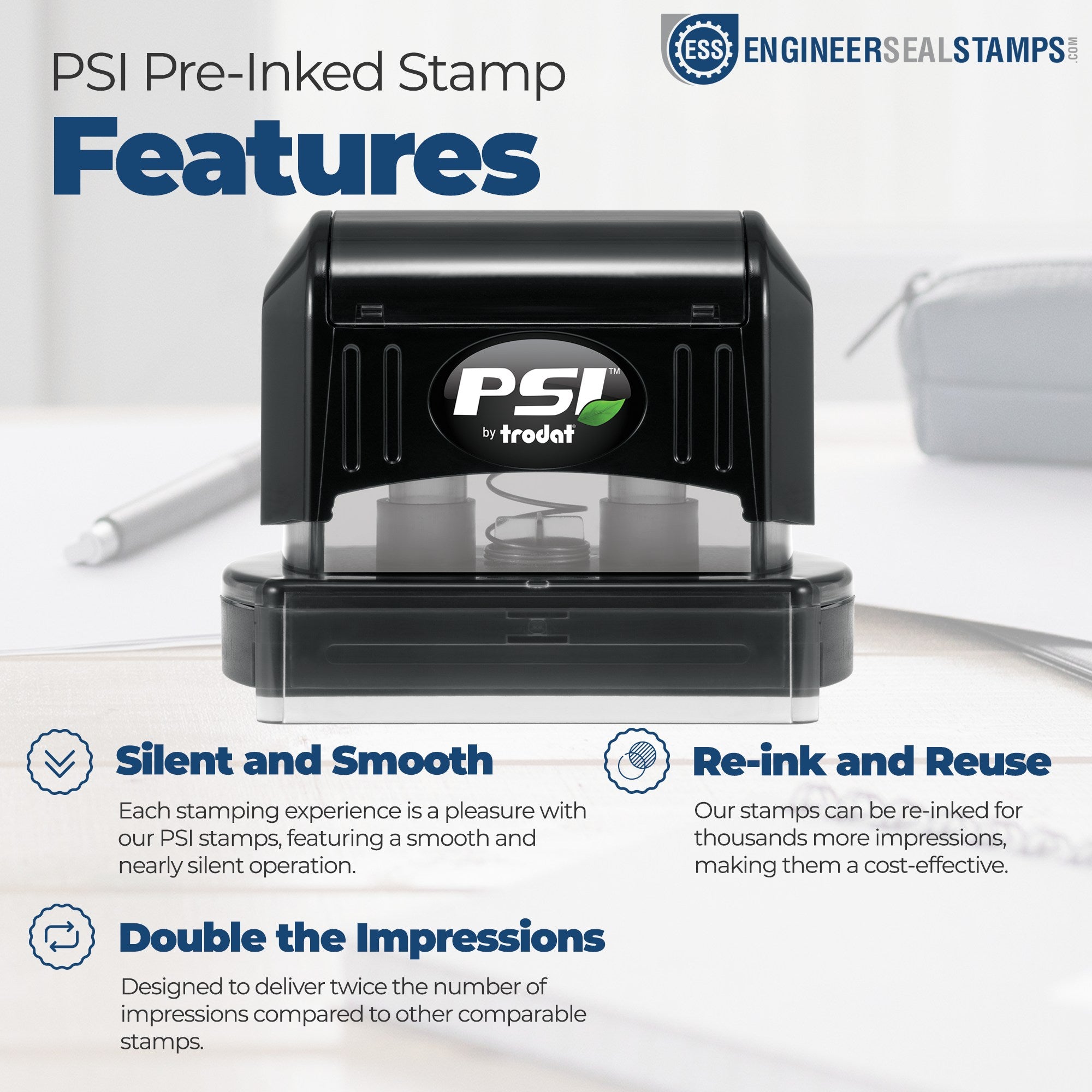 PSI Pre-Inked Package Denied Stamp with sleek black design, featuring PSI logo. Offers silent, smooth stamping, double impressions, and re-inkable for extended use.