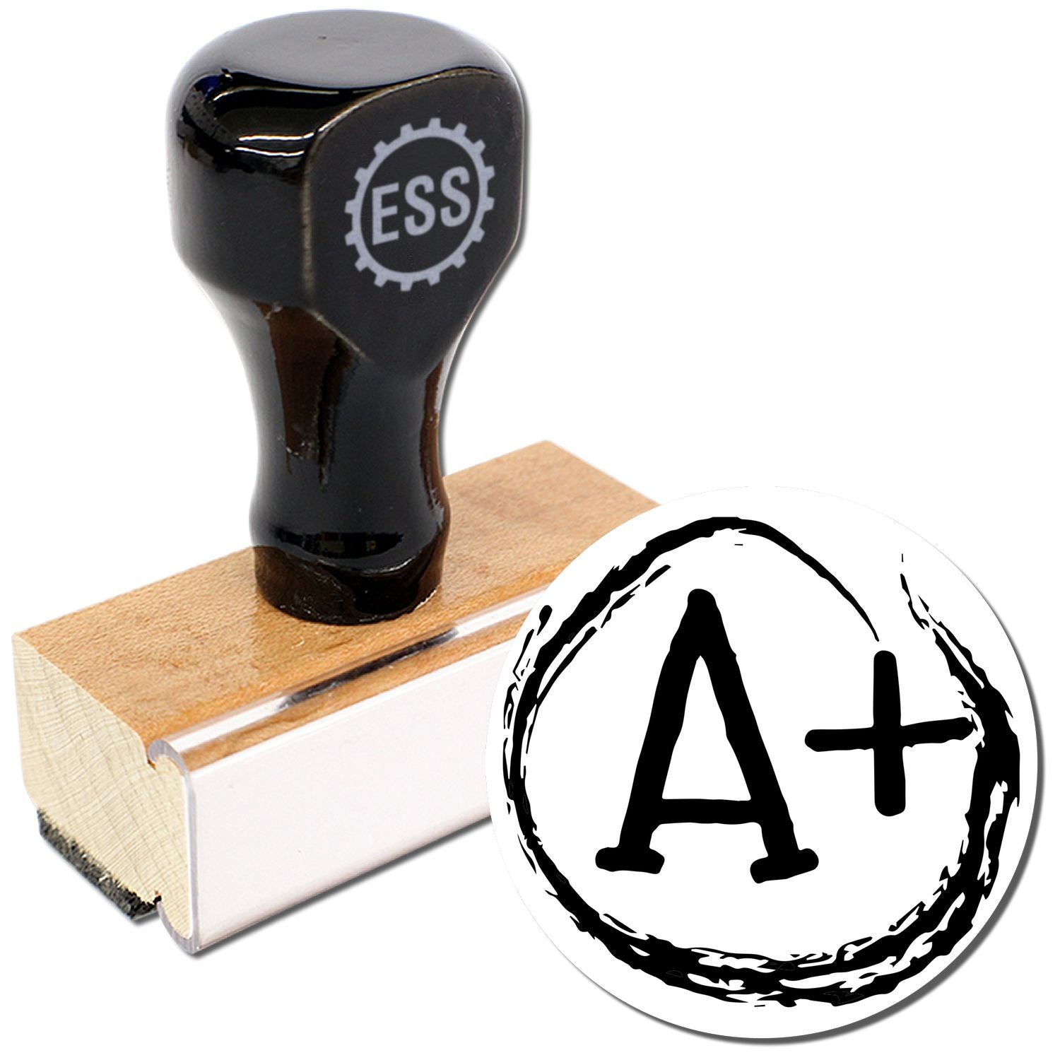 Round A+ Rubber Stamp with a black handle and wooden base, featuring an A+ symbol in a circular design.