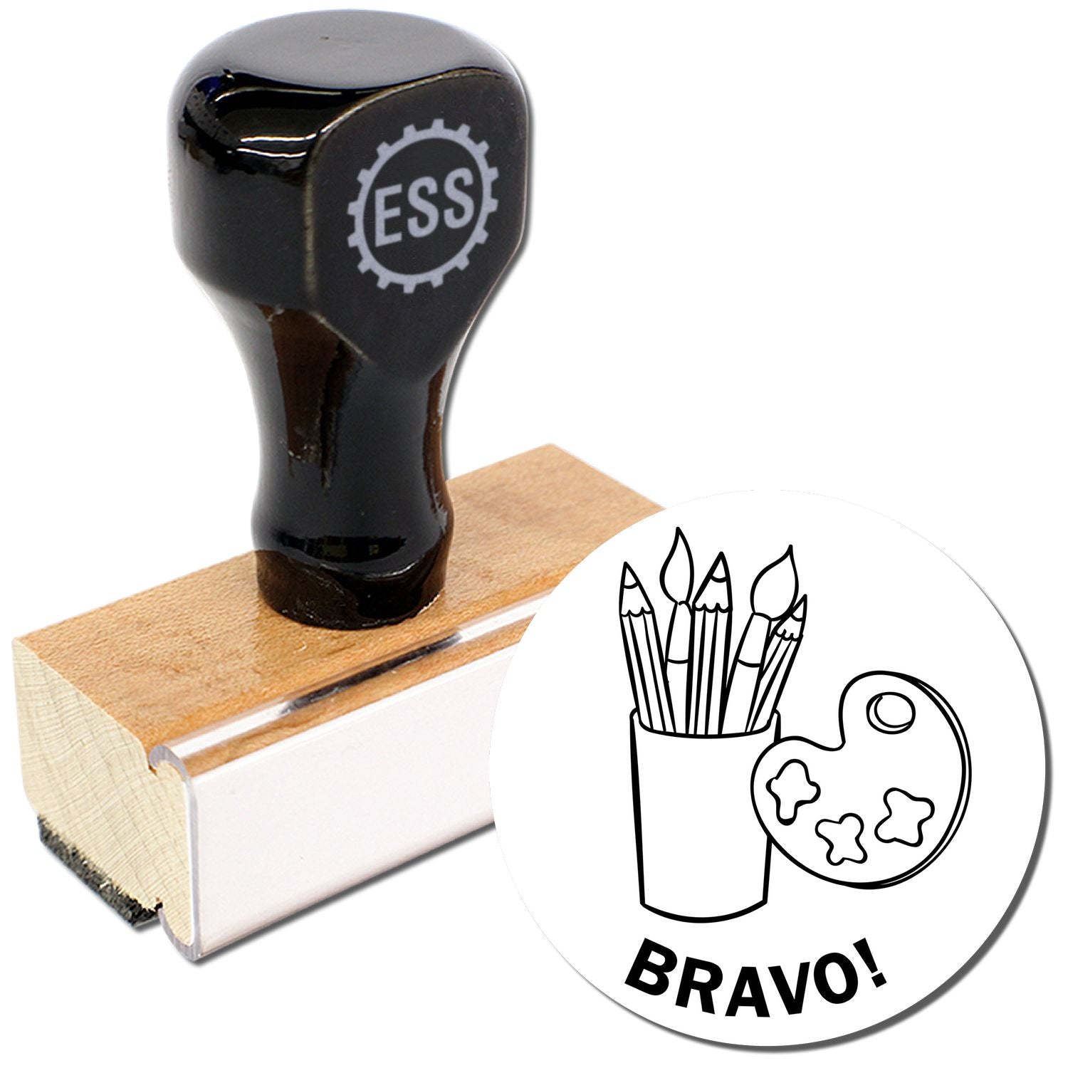 Round Bravo Rubber Stamp with ESS logo, wooden handle, and a stamped image of art supplies and the word 'BRAVO!'