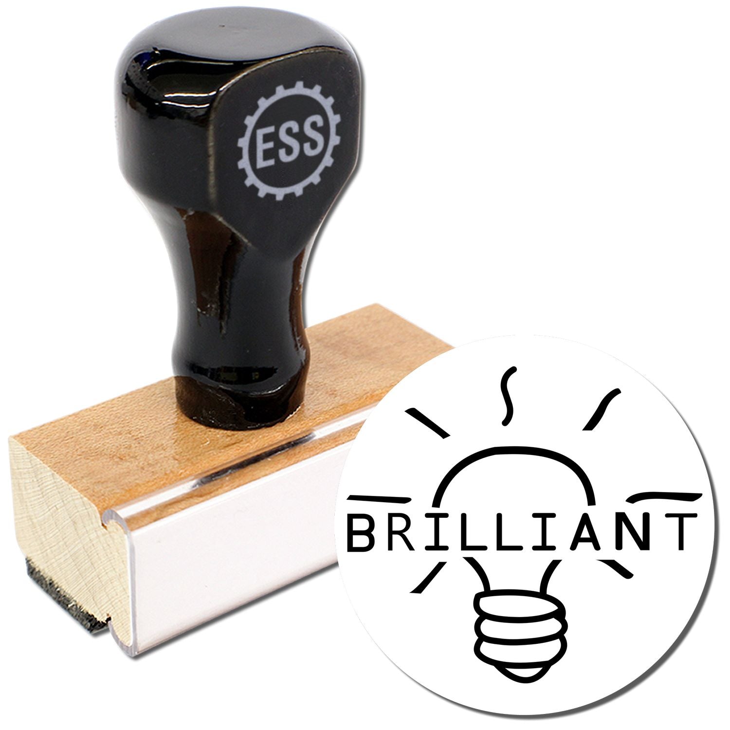 Round Brilliant Rubber Stamp with a black handle, wooden base, and ESS logo, next to a stamped image of a light bulb with BRILLIANT .