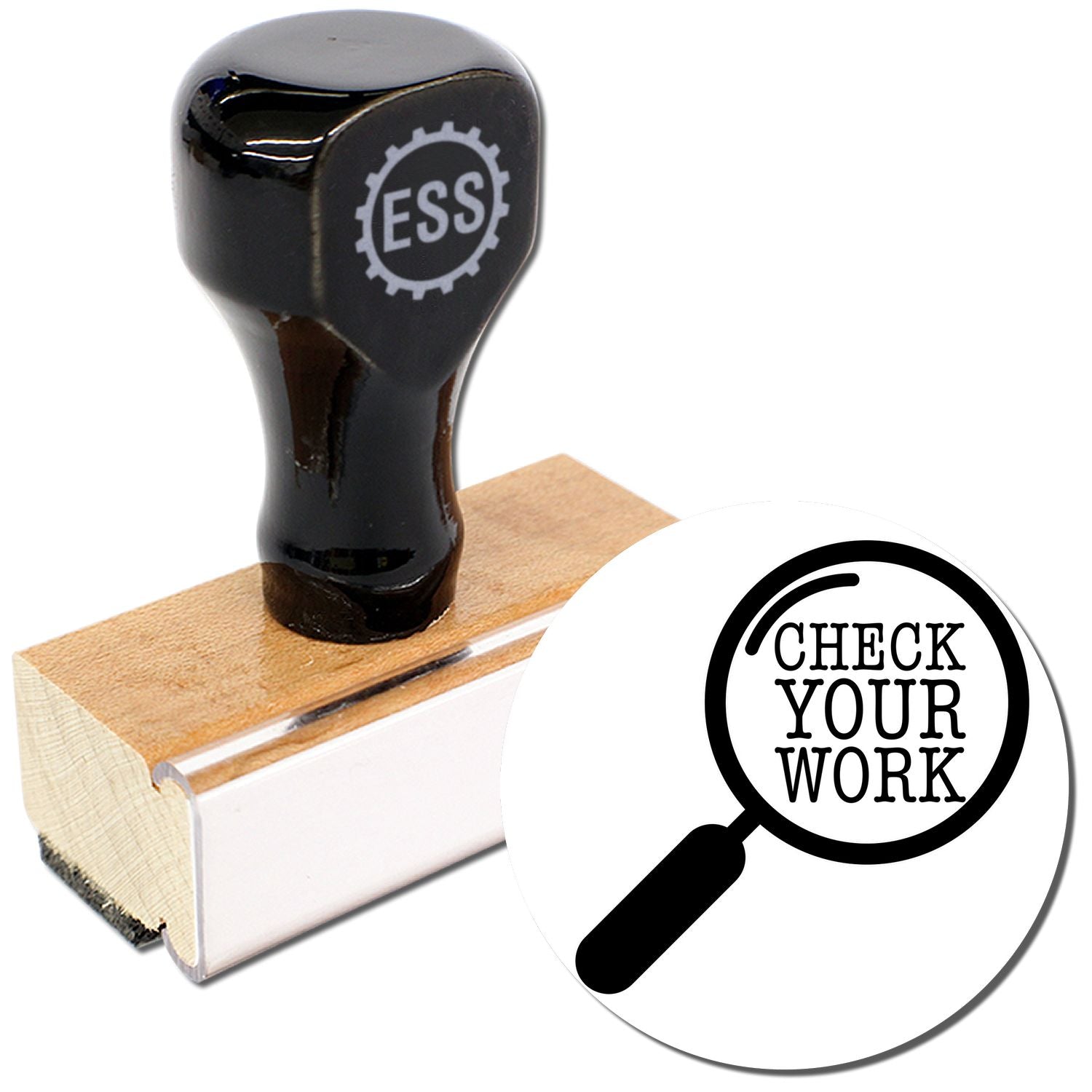 Round Check Your Work rubber stamp with a black handle and wooden base, featuring a magnifying glass design and Check Your Work text.