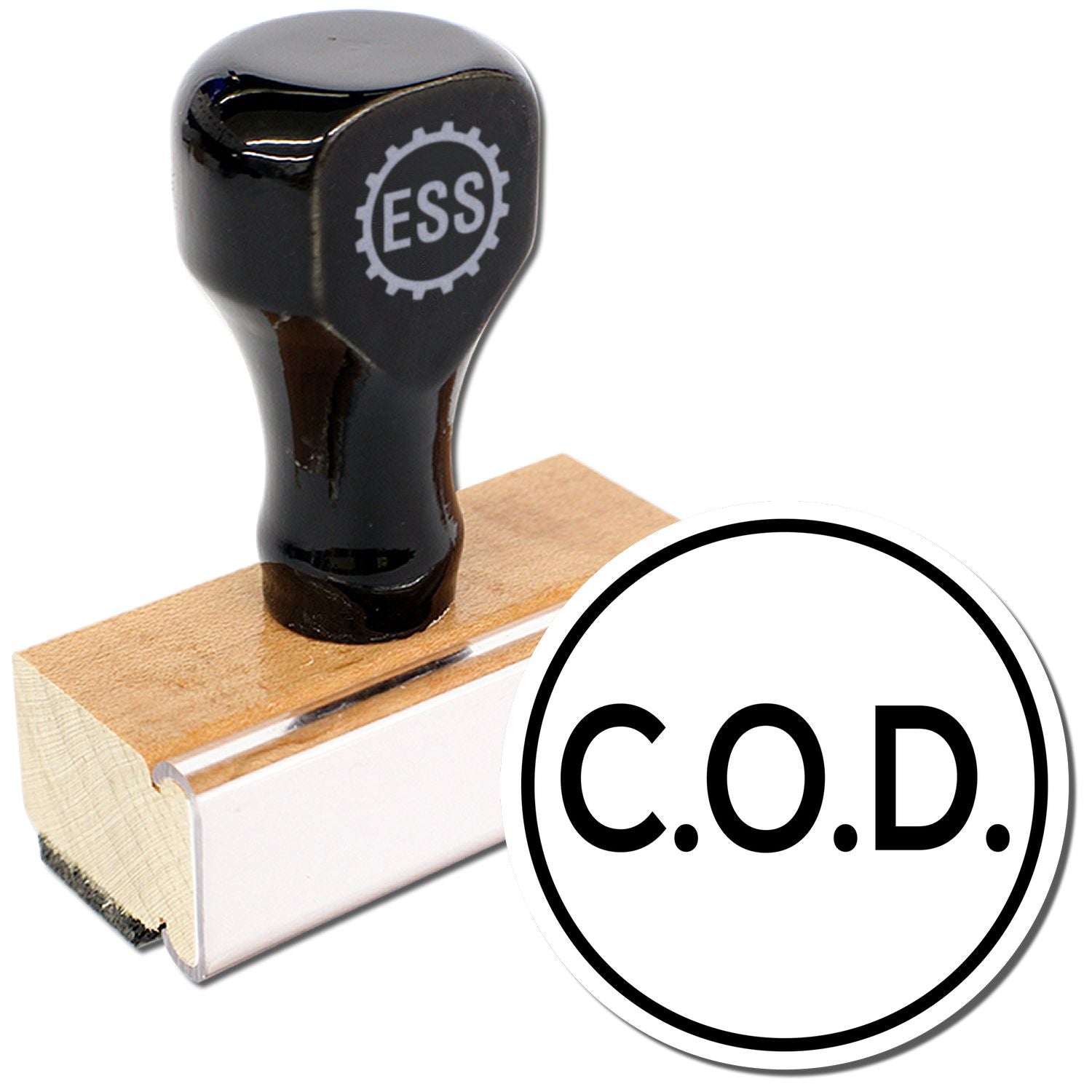 Round COD rubber stamp with a black handle and wooden base, featuring the letters C.O.D. in a circular design next to it.