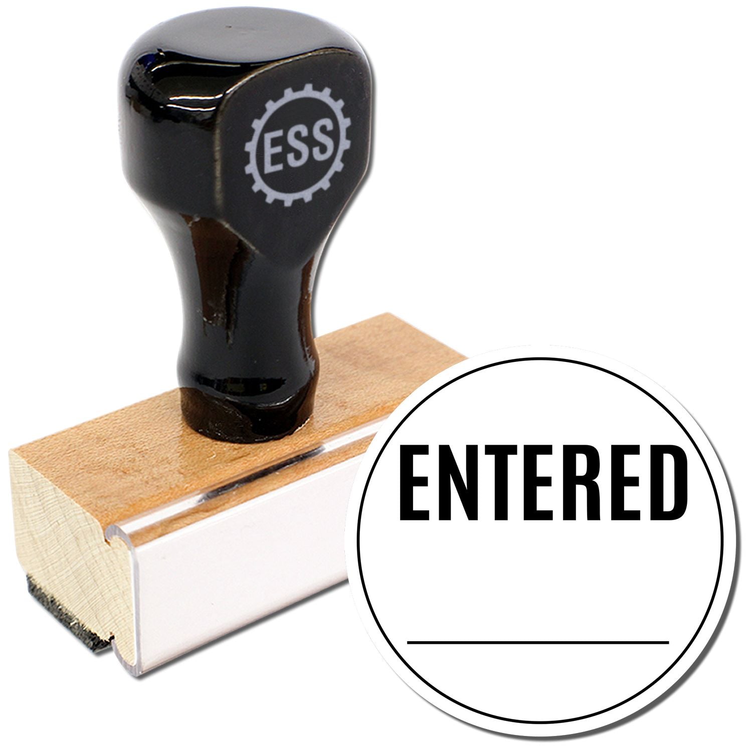 Round Entered Rubber Stamp with a black handle and wooden base, featuring the word ENTERED in bold letters on a white circular stamp.