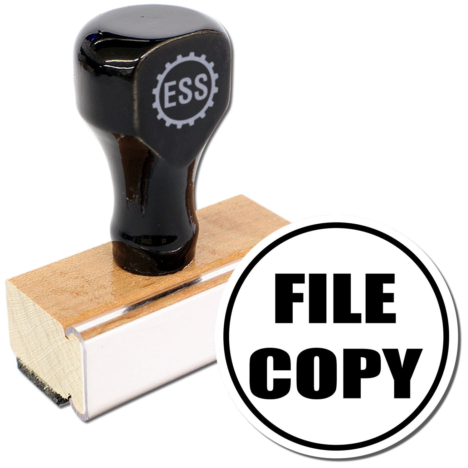 Round File Copy Rubber Stamp with a black handle and wooden base, next to a round FILE COPY imprint in bold black letters.