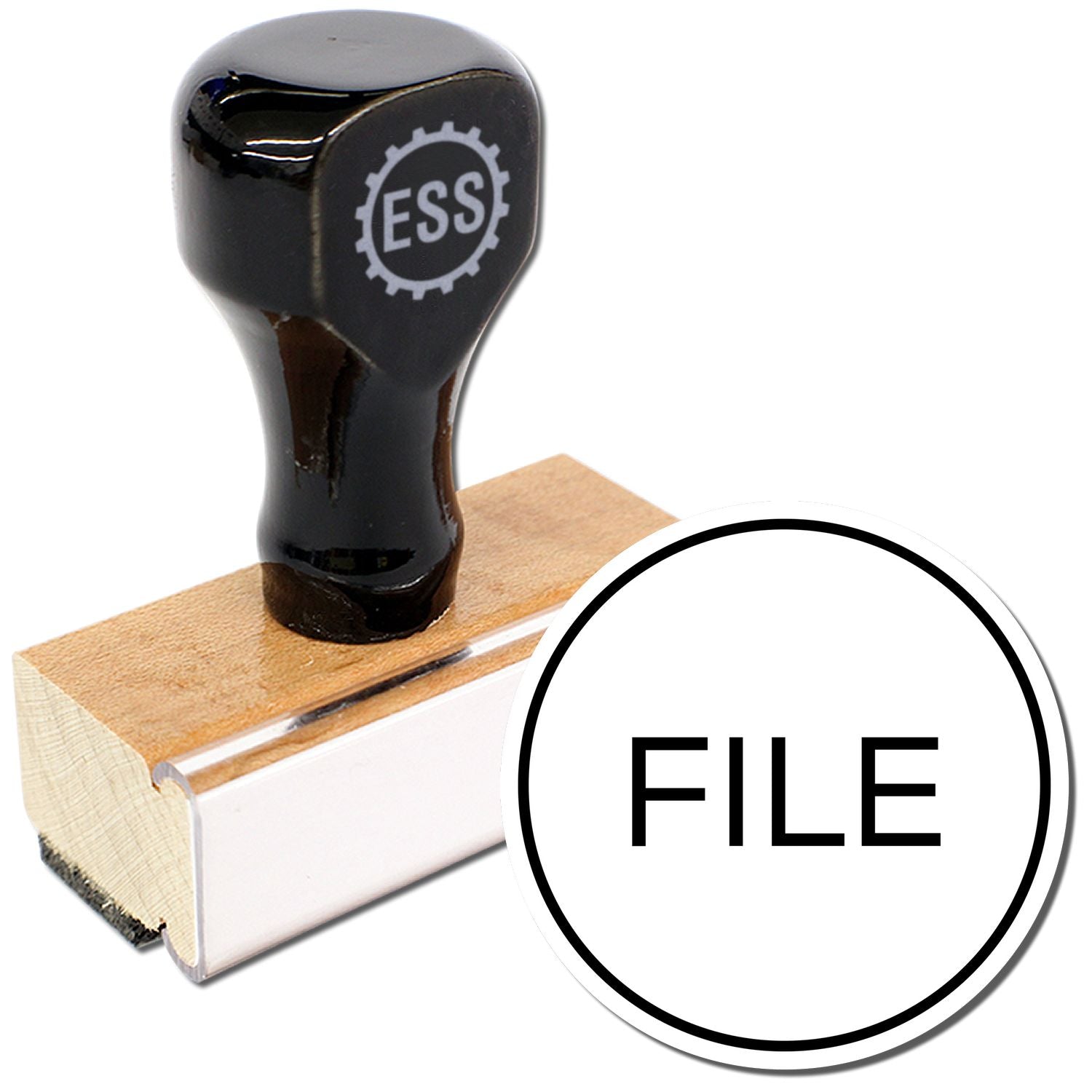 Round File Rubber Stamp with a black handle, wooden base, and ESS logo, next to a stamped FILE impression in a circle.