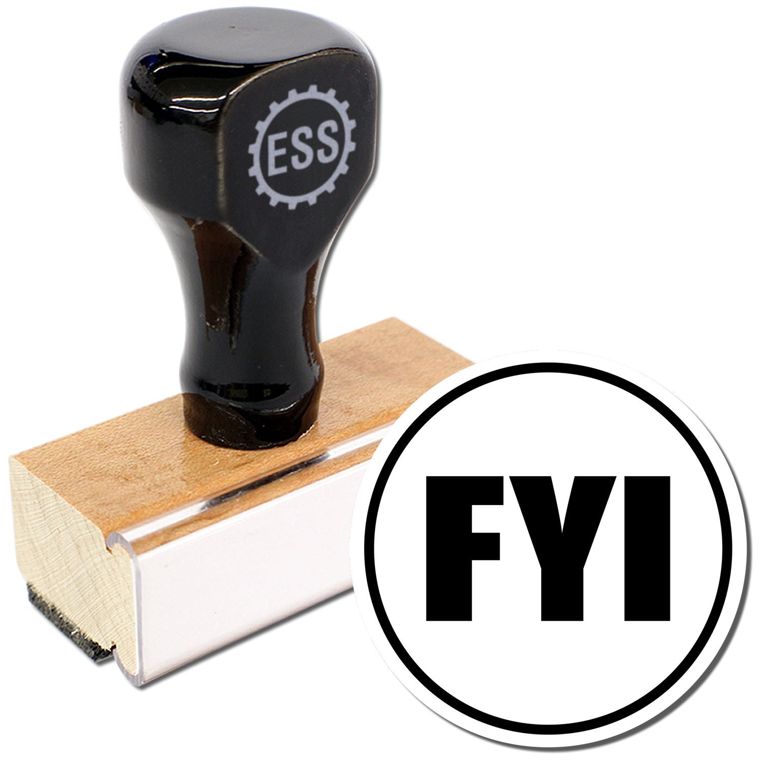 Round FYI rubber stamp with a black handle and wooden base, featuring the ESS logo, next to a printed FYI circle.