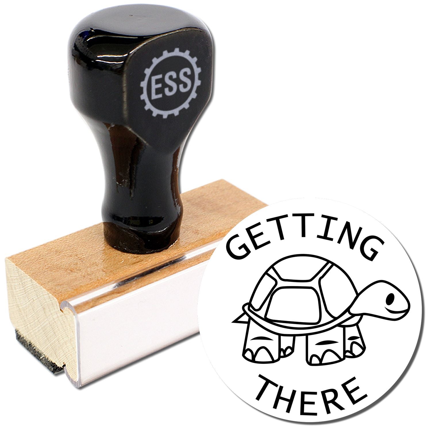 Round Getting There Rubber Stamp with a wooden handle and a turtle illustration with the words 'Getting There' around it.