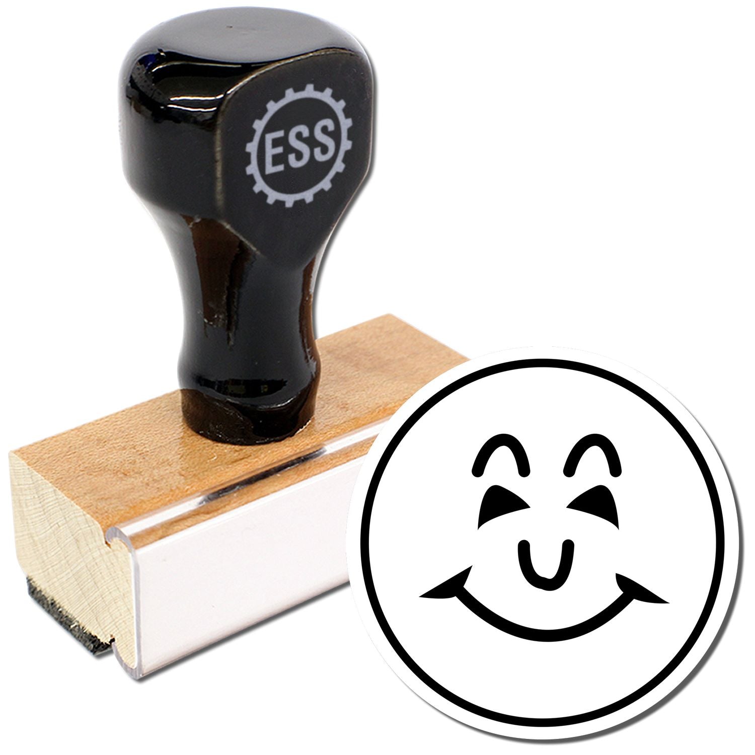 Round Happy Face Rubber Stamp with a black handle and wooden base, next to a stamped happy face with closed eyes and a big smile.