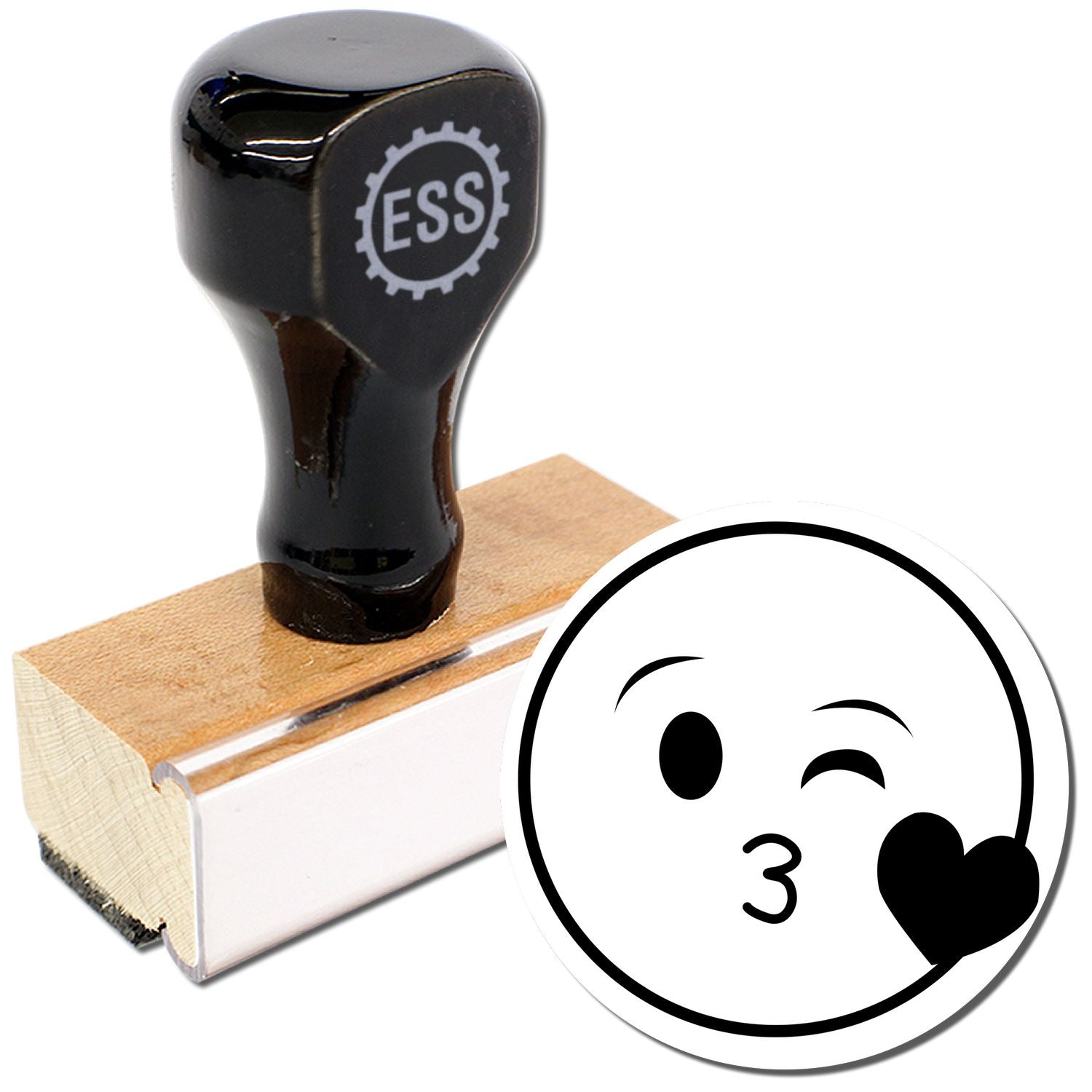 Round Happy Smiley Rubber Stamp with a wooden handle and a winking smiley face blowing a kiss with a heart.