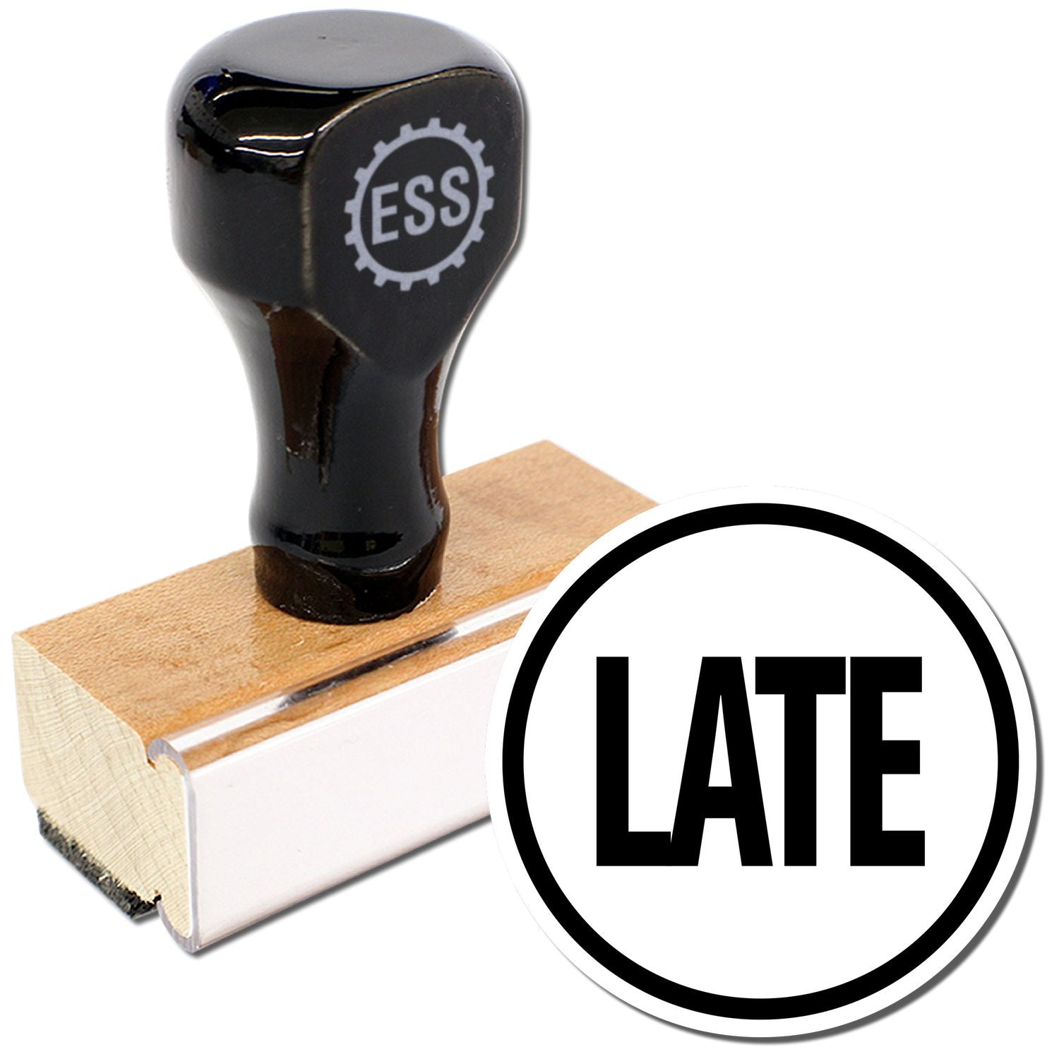 Round Late Rubber Stamp with a black handle and wooden base, next to a white circle with the word LATE in bold black letters.