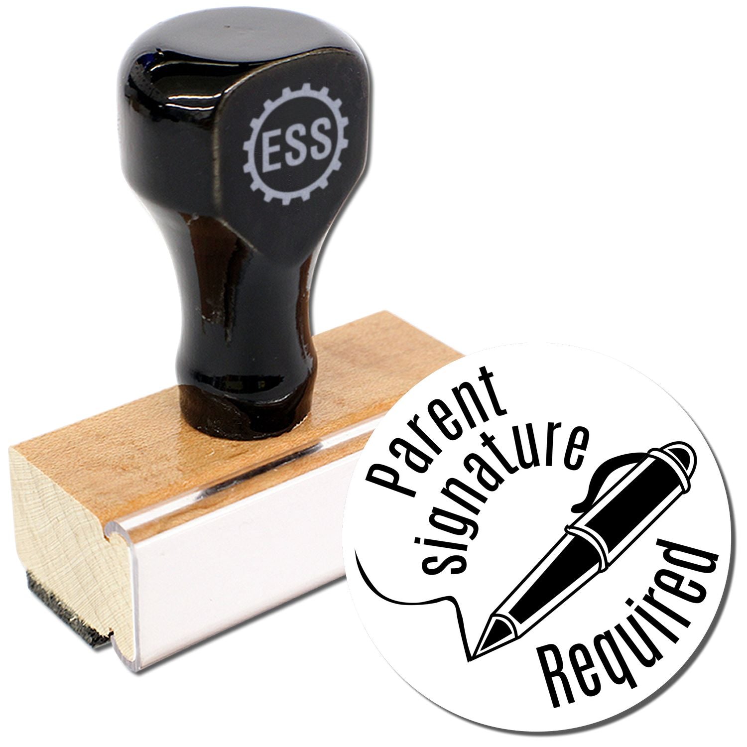 Round Parent Signature Required Rubber Stamp with black handle and wooden base, next to a stamped image of a pen and text.