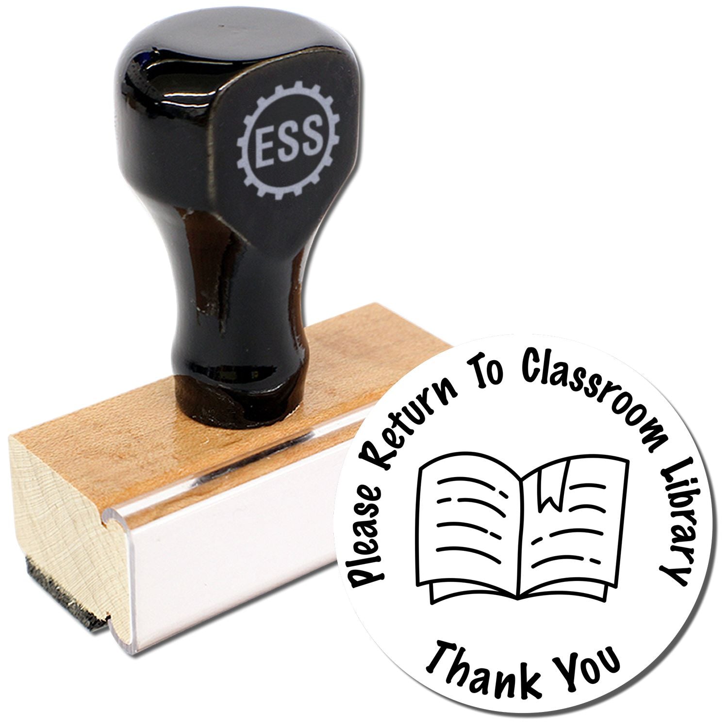 Round Please Return to Classroom Library rubber stamp with a black handle and wooden base, next to a stamped image.