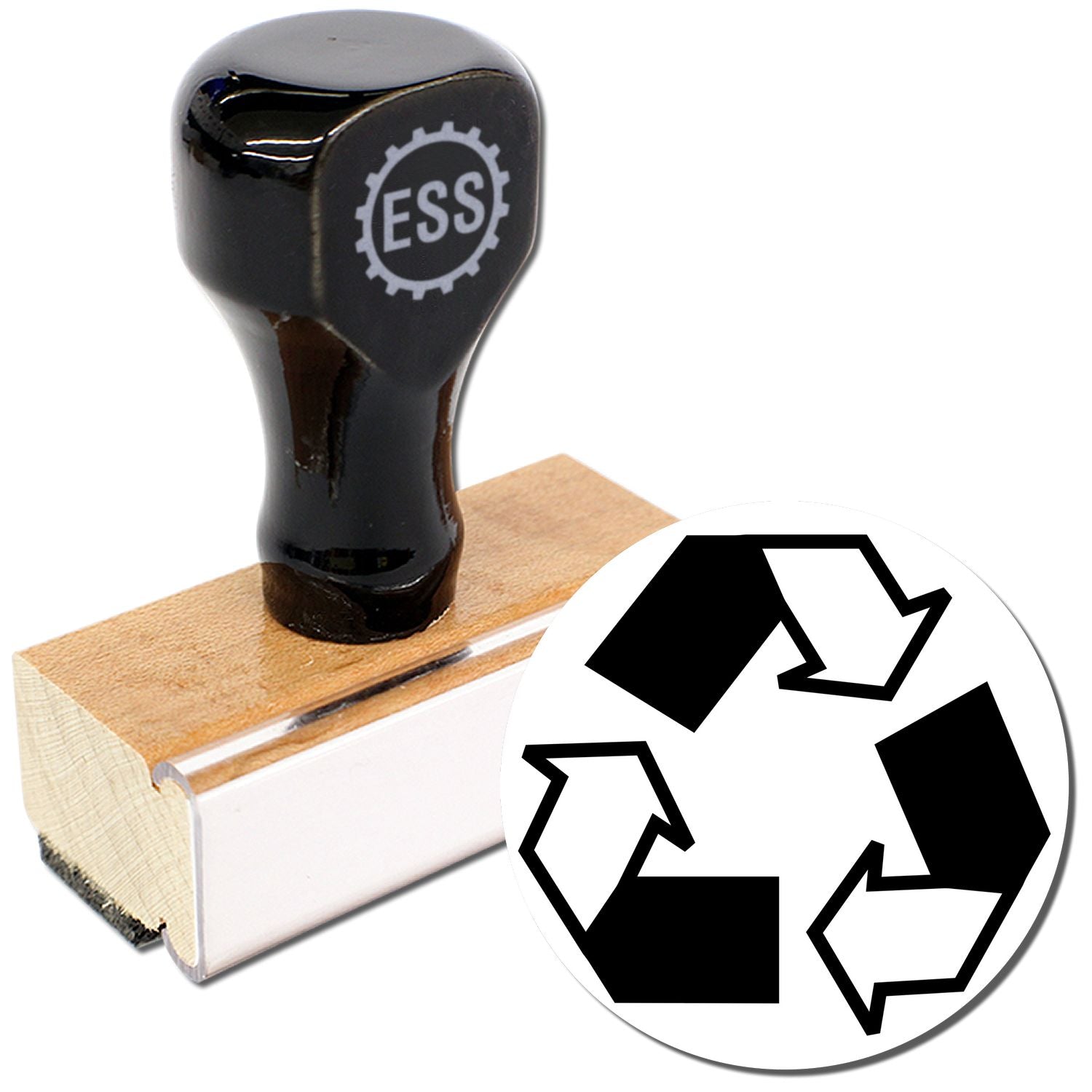 Round Recycle Rubber Stamp with black handle and ESS logo, next to a circular recycling symbol with three arrows.